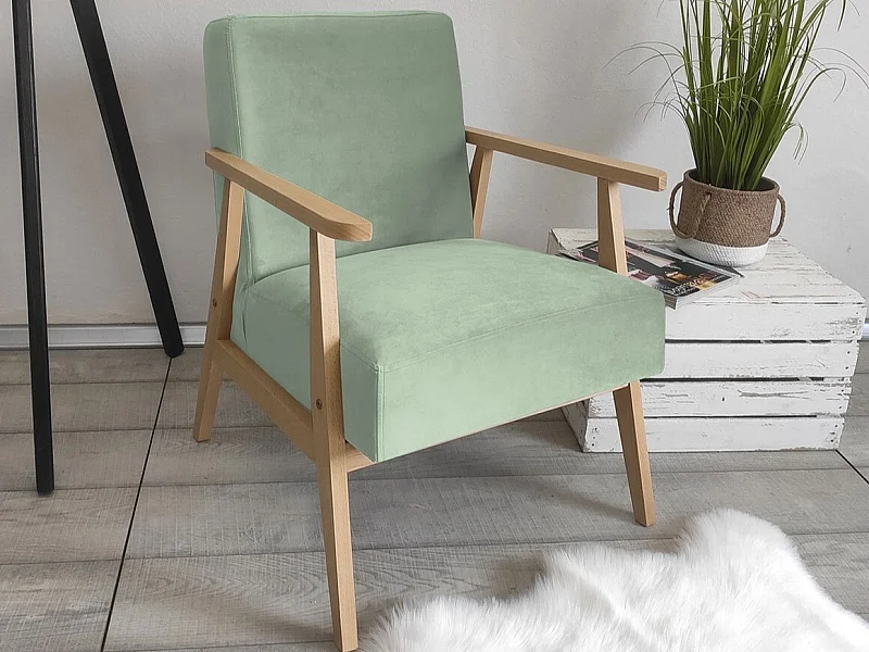 Fauteuil Clovis 100, Turquoise, 76x59x67cm, Tapisserie, Pieds: Bois