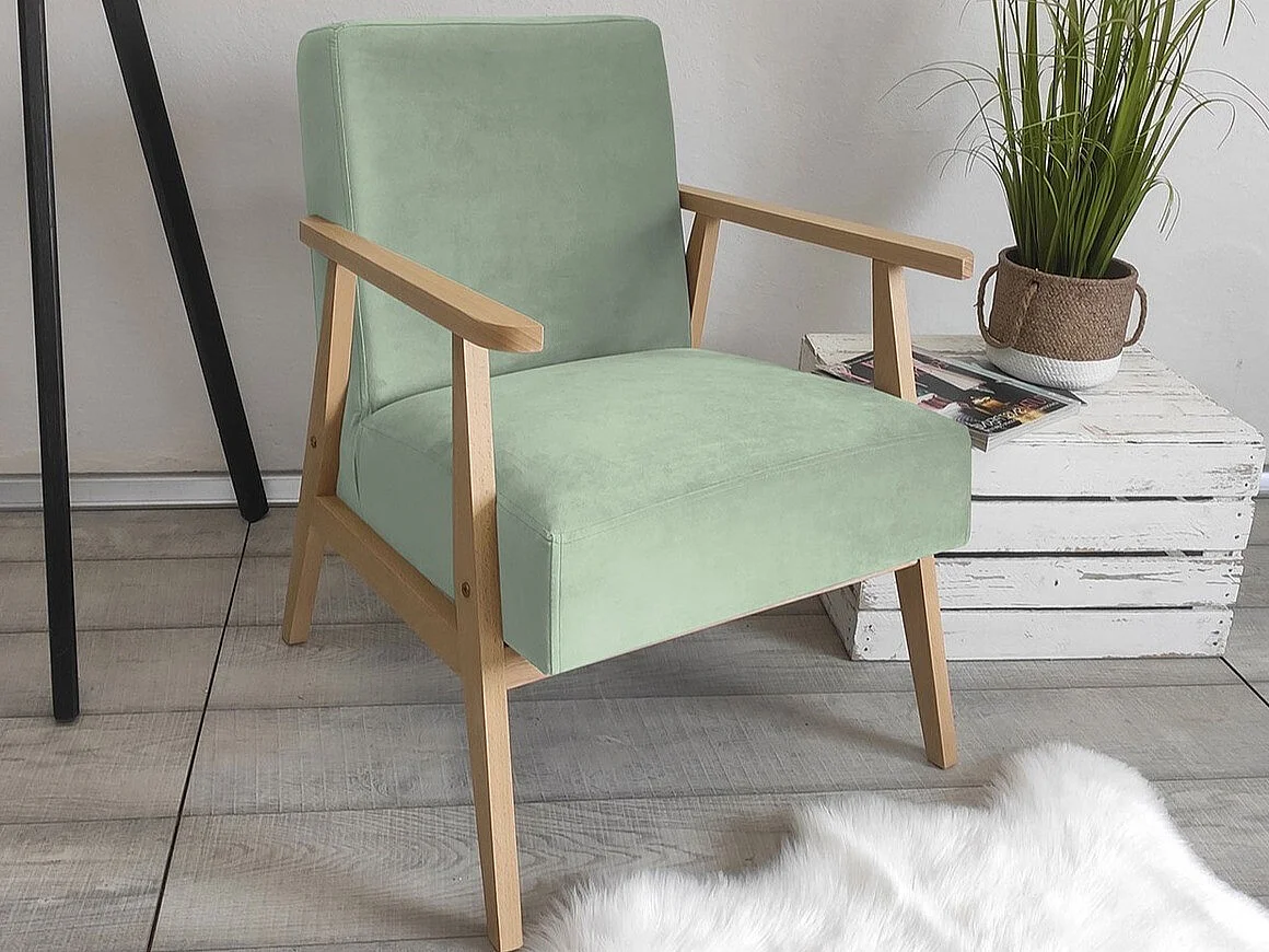 Fauteuil Clovis 100, Turquoise, 76x59x67cm, Tissu, Pieds: Bois