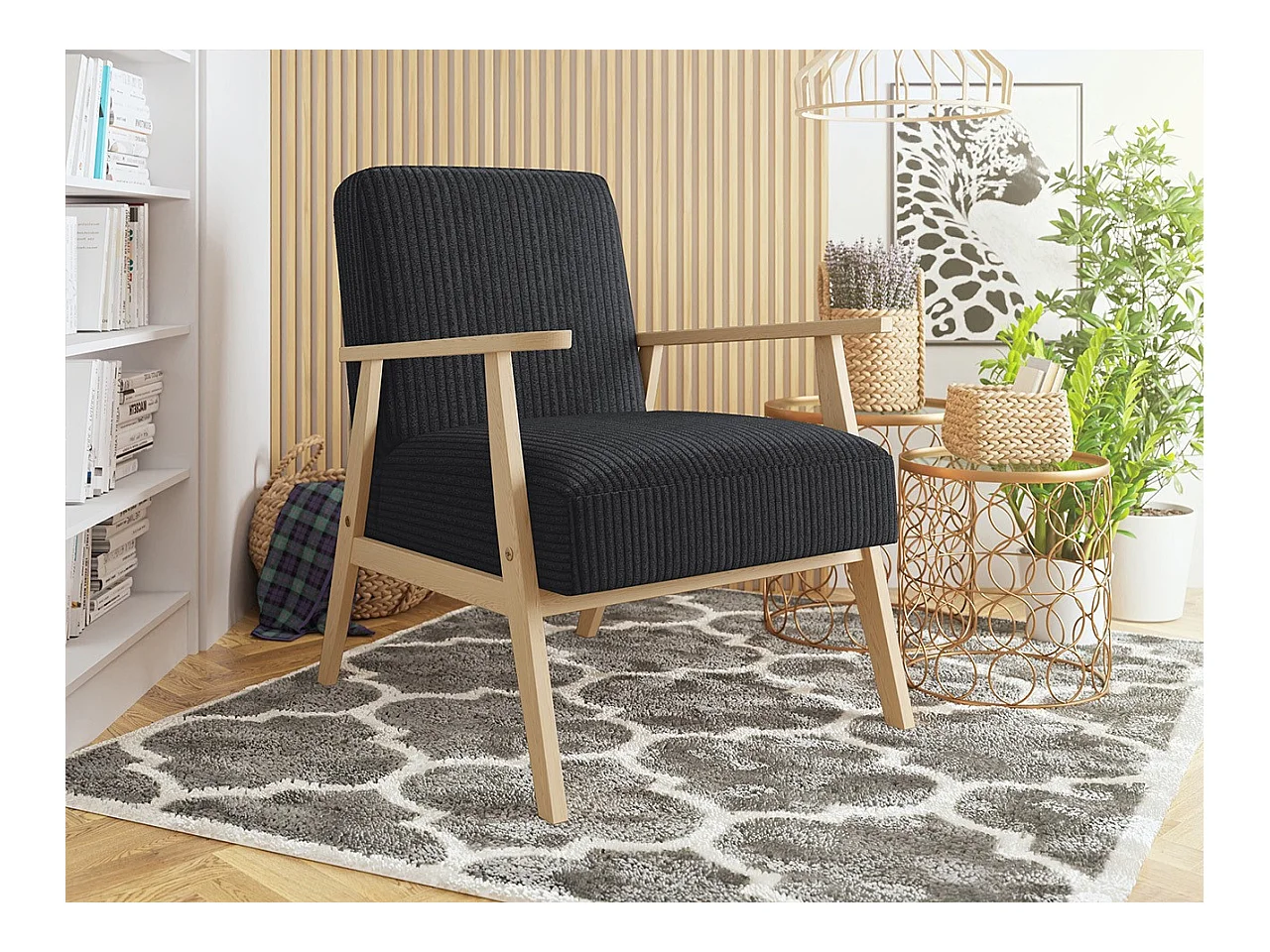 Sillón Clovis 100, Negro, 76x59x67cm, Tapiz, Patas: Madera