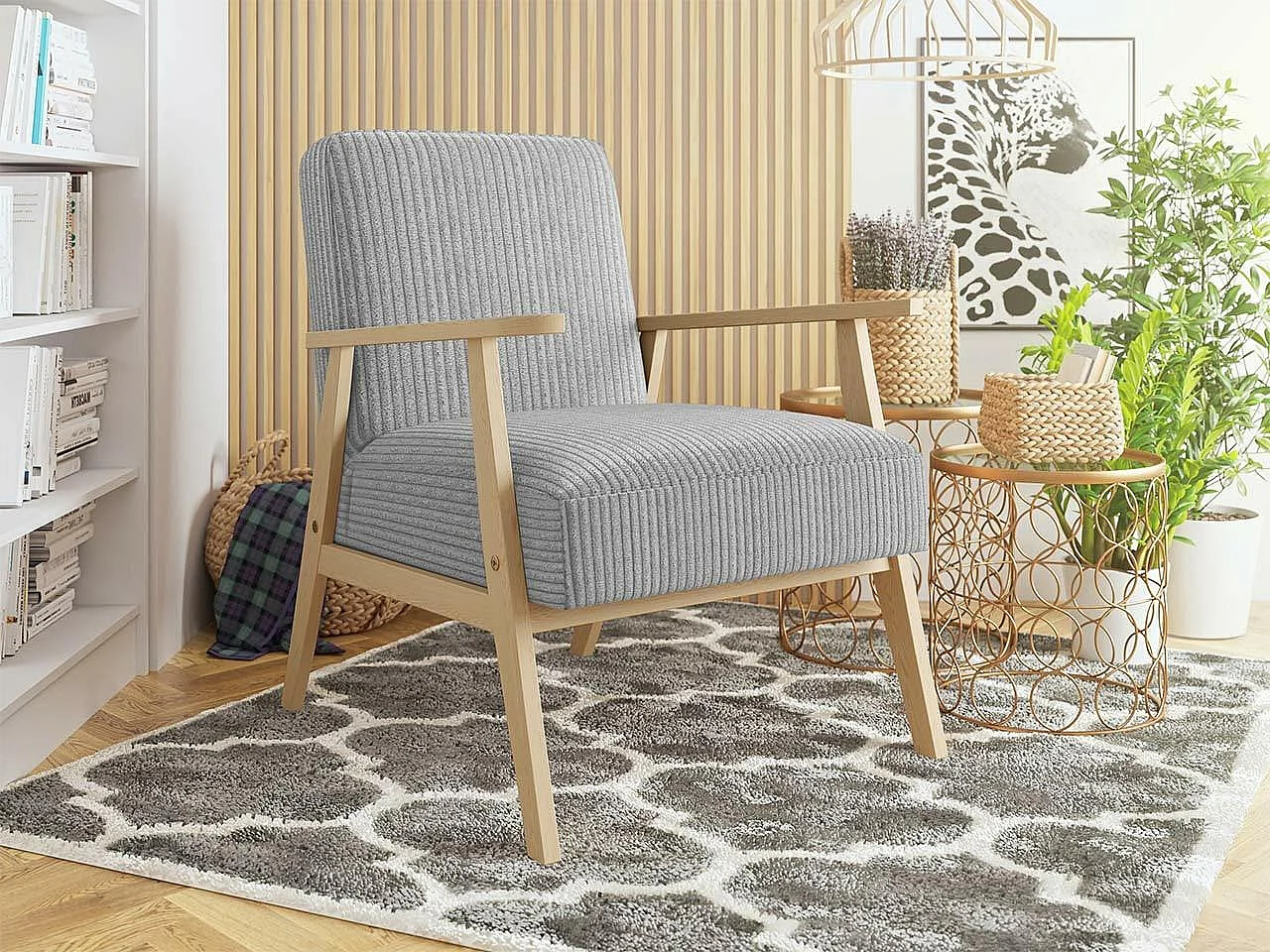 Fauteuil Clovis 100, Gris, 76x59x67cm, Tapisserie, Pieds: Bois