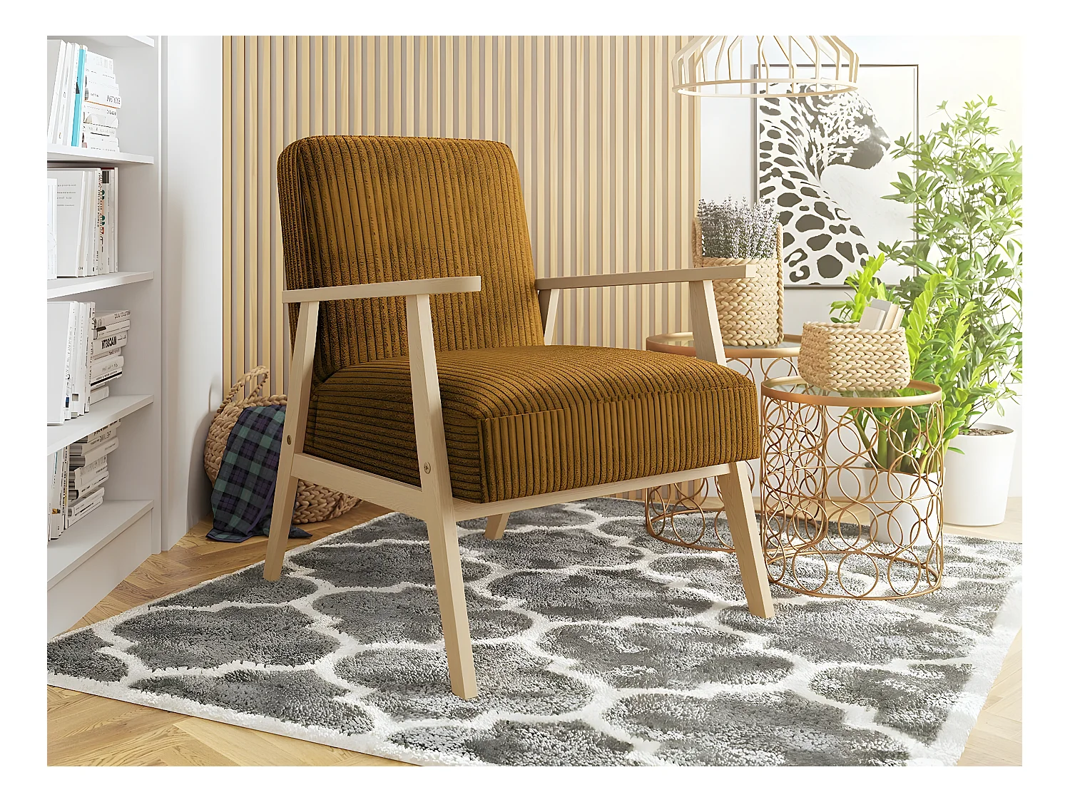Sillón Clovis 100, Amarillo, 76x59x67cm, Tapiz, Patas: Madera