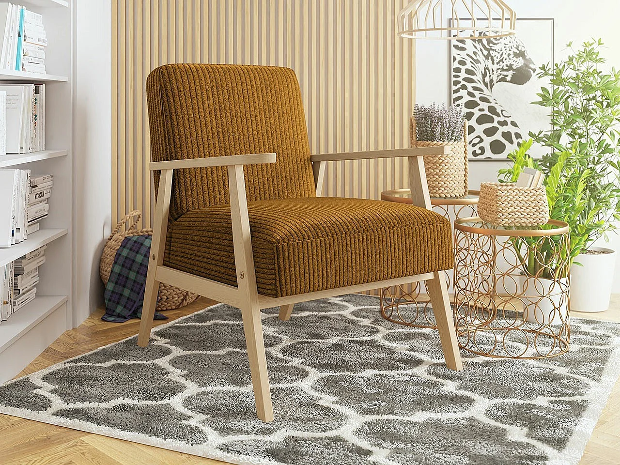 Fauteuil Clovis 100, Jaune, 76x59x67cm, Tissu, Pieds: Bois