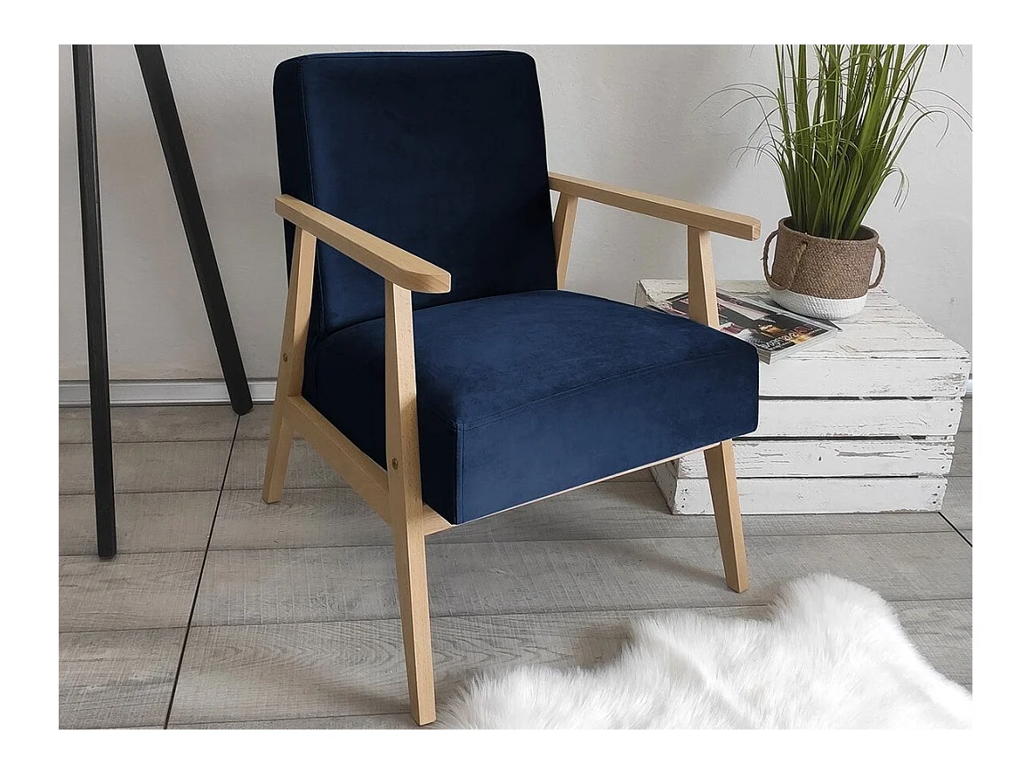 Sillón Clovis 100, Azul, 76x59x67cm, Tapiz, Patas: Madera
