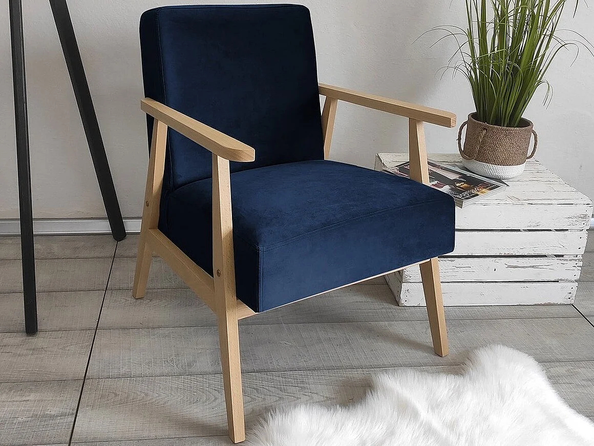 Fauteuil Clovis 100, Bleu, 76x59x67cm, Tissu, Pieds: Bois