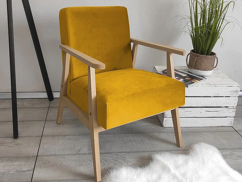 Fauteuil Clovis 100, Jaune, 76x59x67cm, Tapisserie, Pieds: Bois