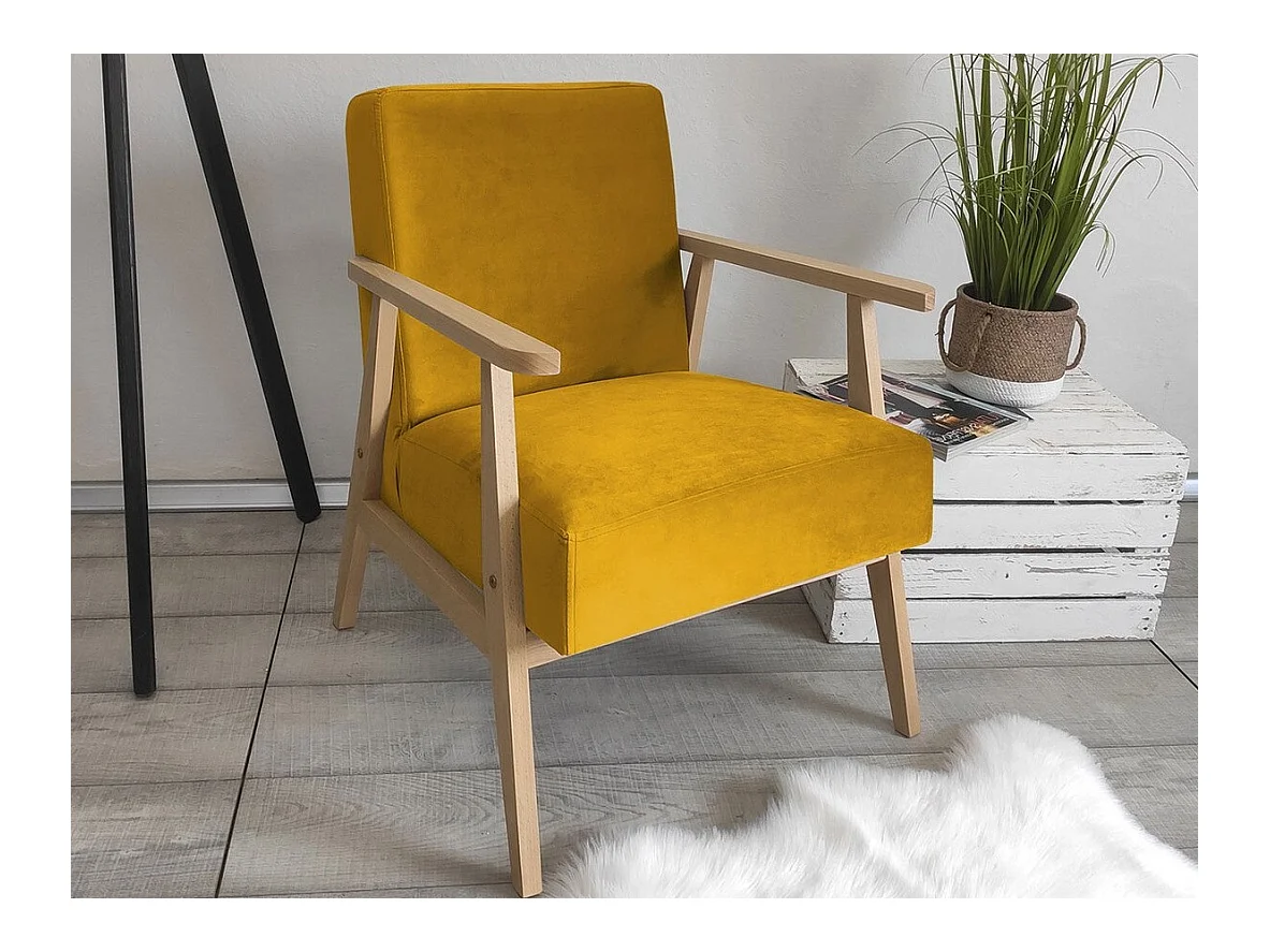 Sillón Clovis 100, Amarillo, 76x59x67cm, Tapiz, Patas: Madera