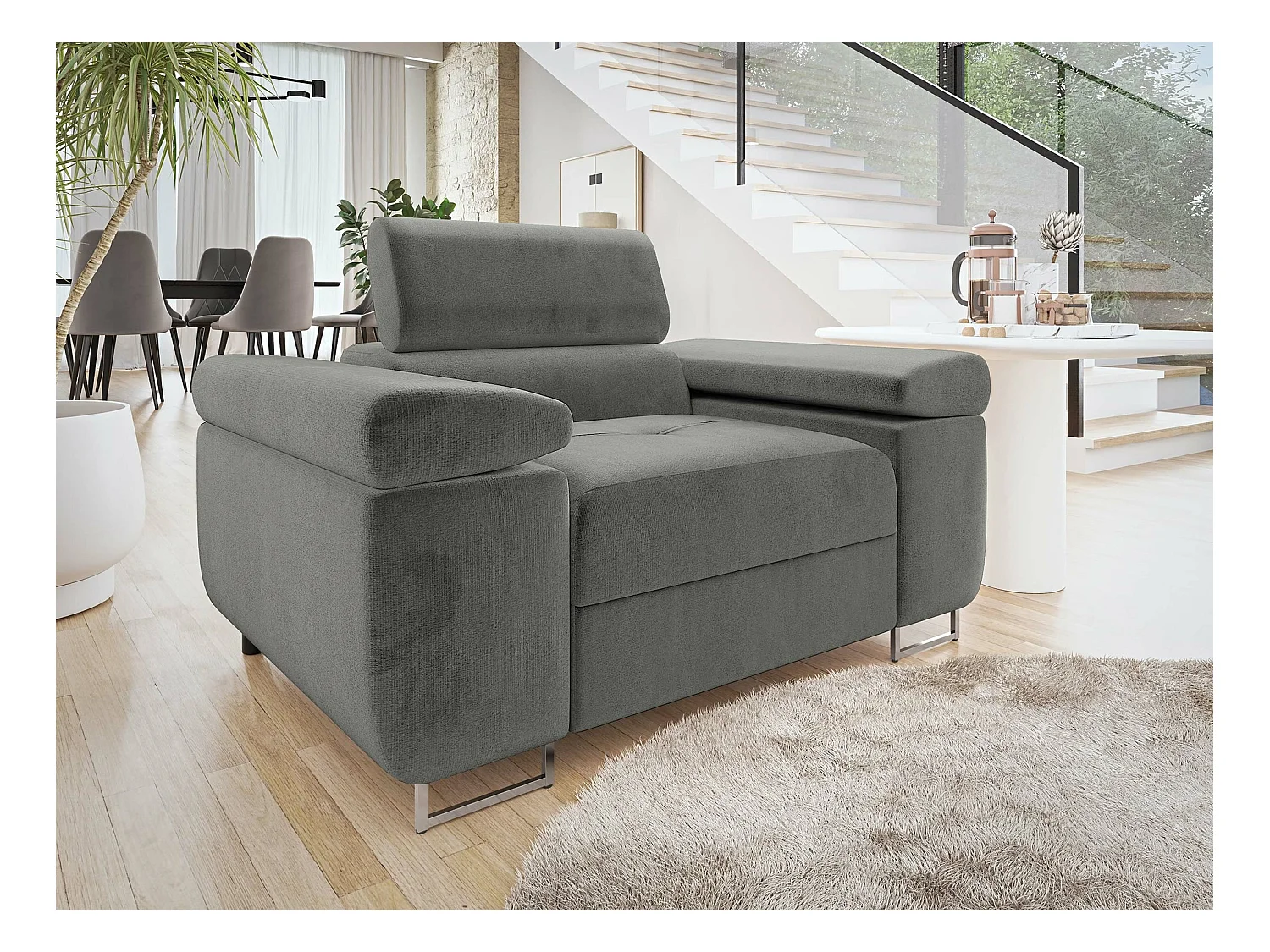 Fauteuil Comfivo Eliferu 106, Gris, 70x134x102cm, Tapisserie, Pieds: Métal