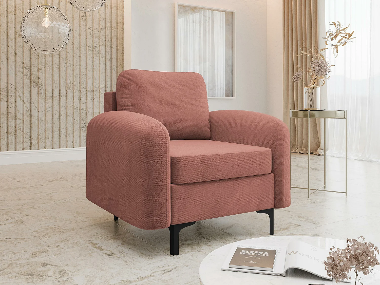 Fauteuil Torlua 100, Rose, 96x92x94cm, Tapisserie, Pieds: Métal