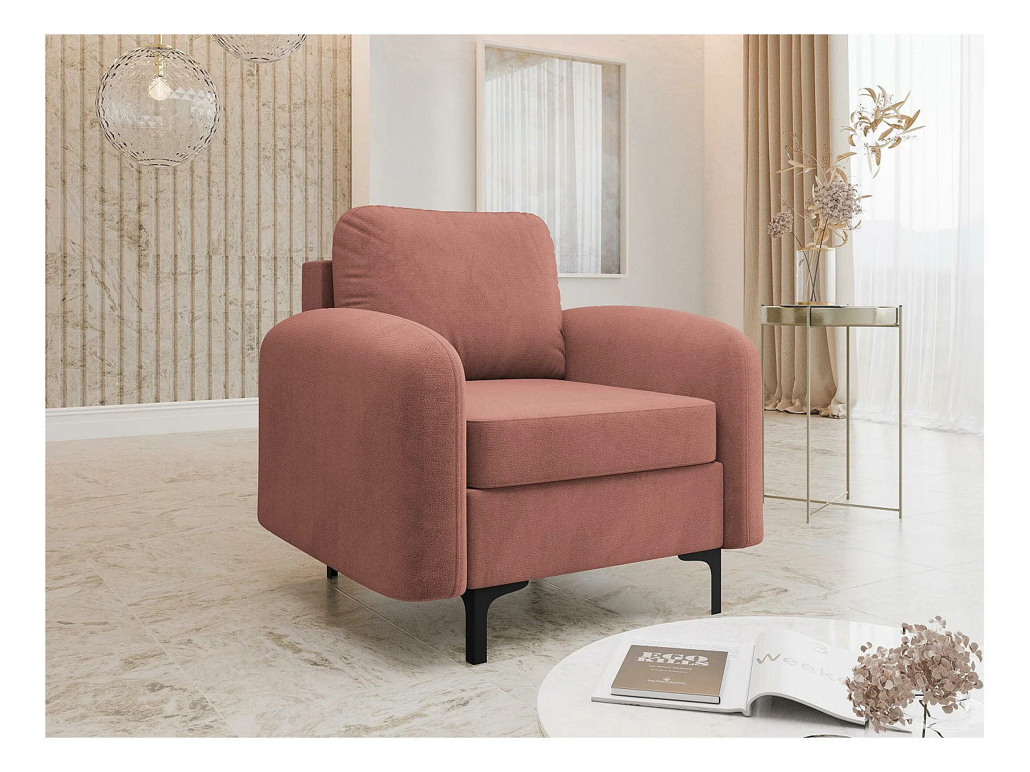 Fauteuil Torlua 100, Rose, 96x92x94cm, Tapisserie, Pieds: Métal