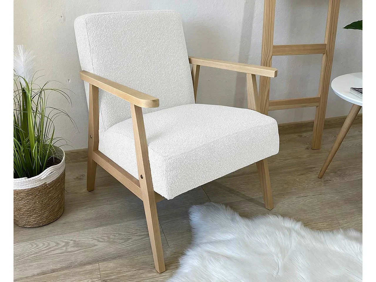 Fauteuil Clovis 100, Blanc, 76x59x67cm, Tapisserie, Pieds: Bois