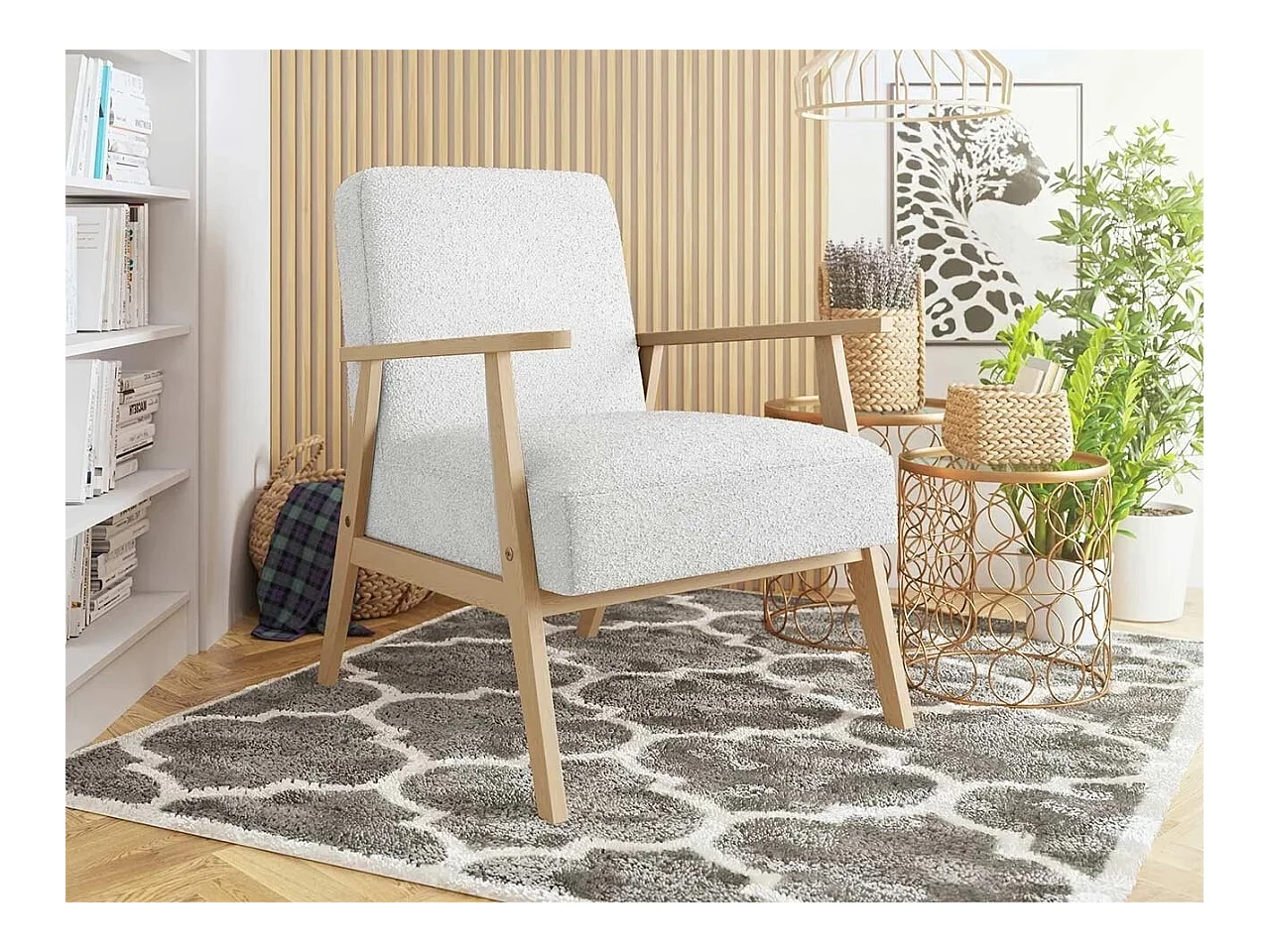 Fauteuil Clovis 100, Blanc, 76x59x67cm, Tapisserie, Pieds: Bois