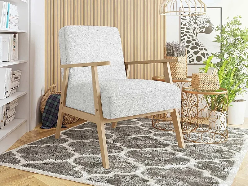Fauteuil Clovis 100, Blanc, 76x59x67cm, Tissu, Pieds: Bois
