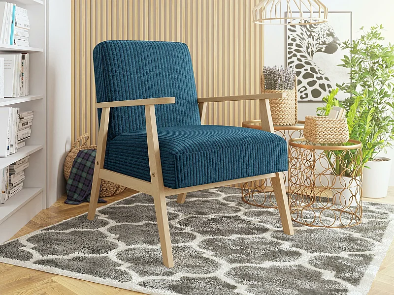 Fauteuil Clovis 100, Turquoise, 76x59x67cm, Tapisserie, Pieds: Bois