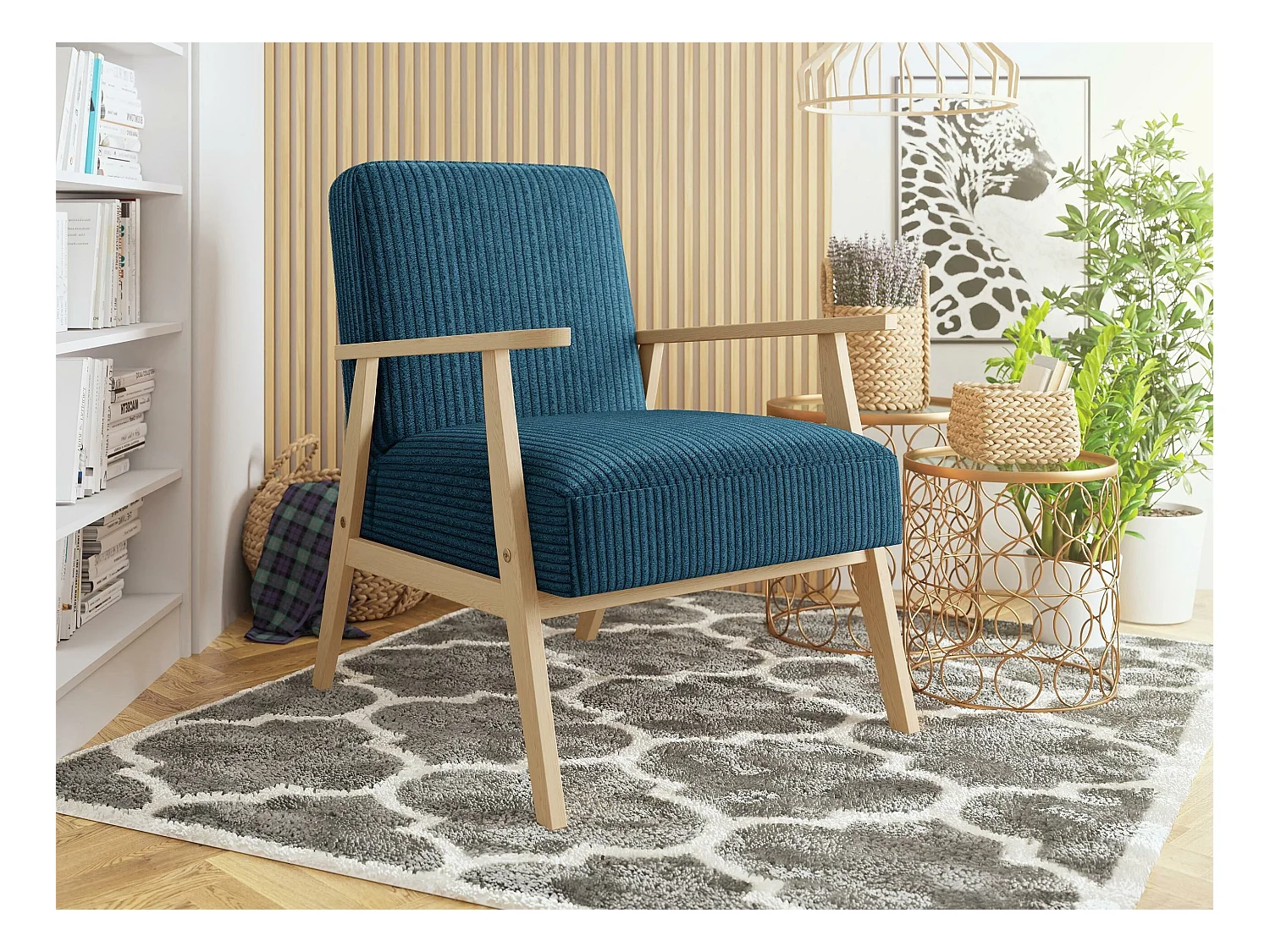 Fauteuil Clovis 100, Turquoise, 76x59x67cm, Tapisserie, Pieds: Bois