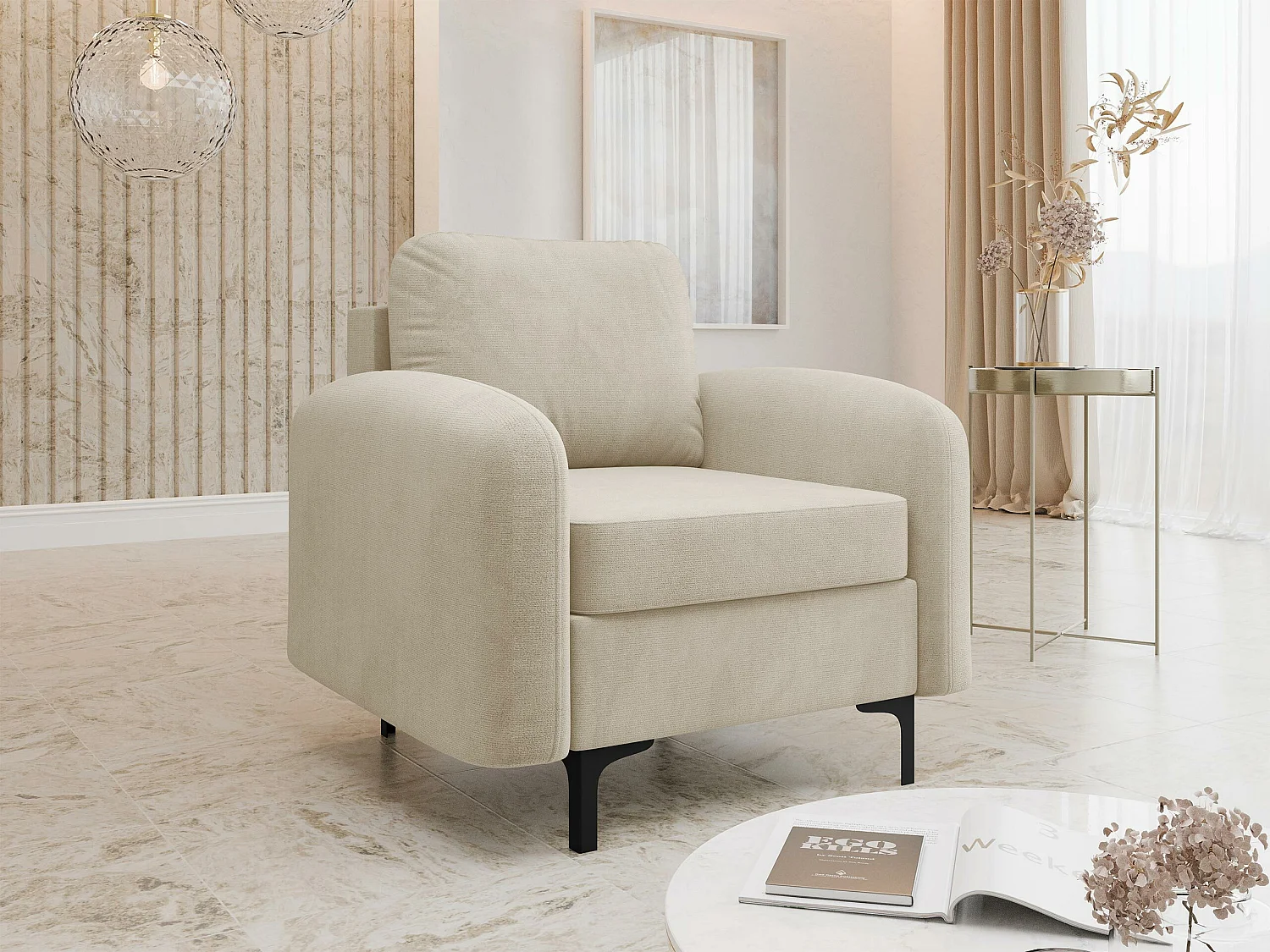 Sillón Torlua 100, De color marrón claro, 96x92x94cm, Tapiz, Patas: Metal