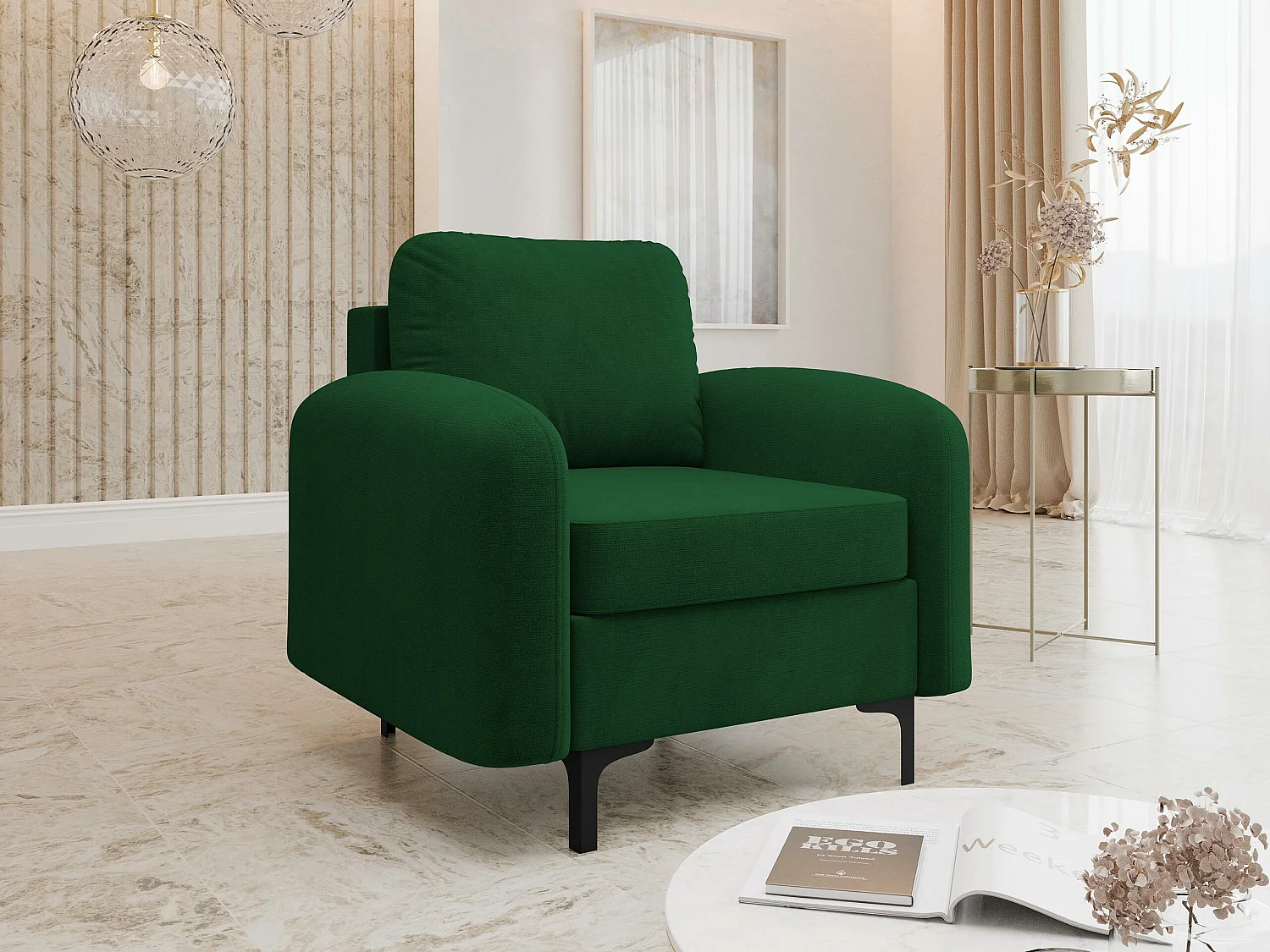 Fauteuil Torlua 100, Vert, 96x92x94cm, Tapisserie, Pieds: Métal