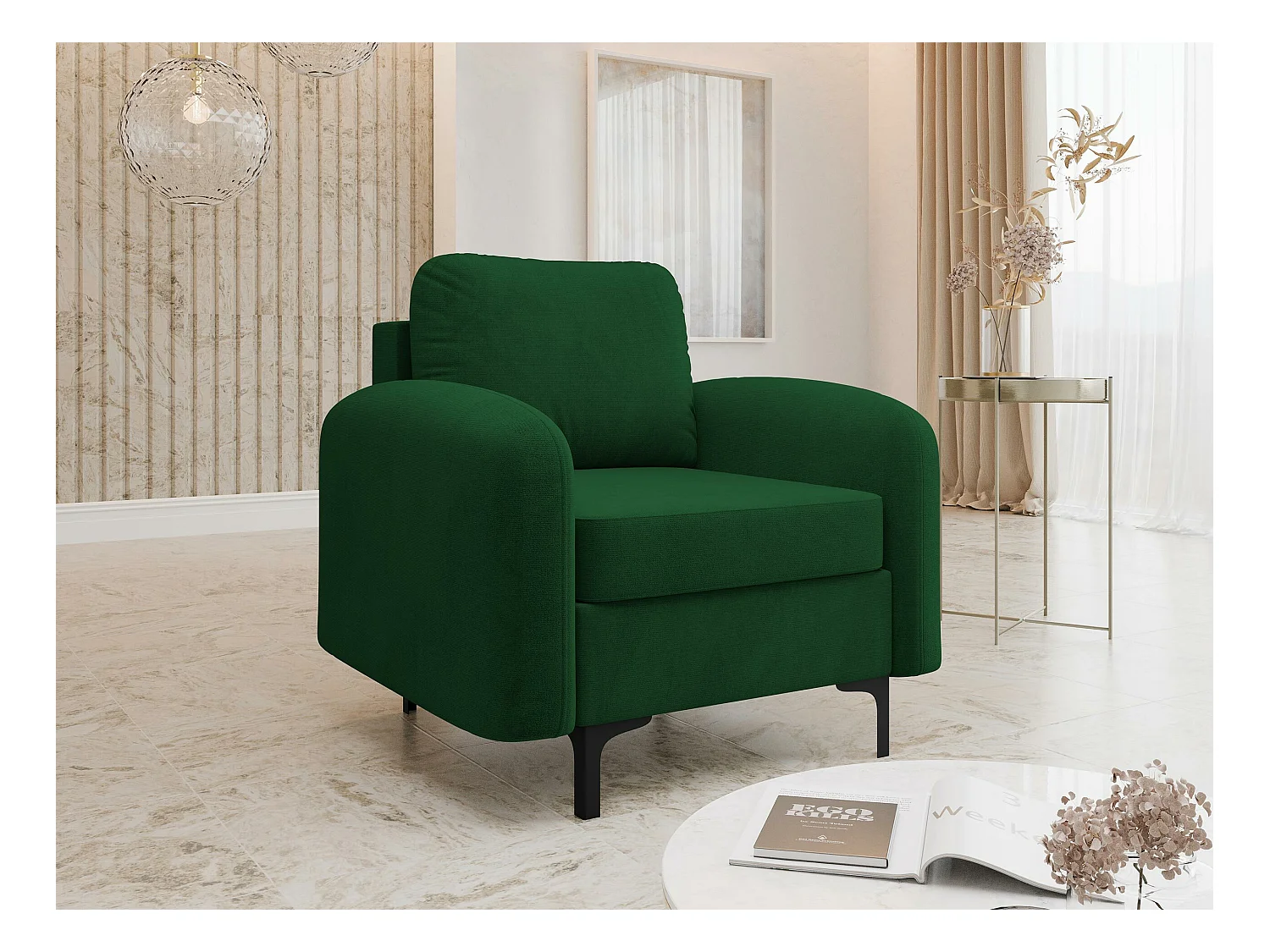Fauteuil Torlua 100, Vert, 96x92x94cm, Tapisserie, Pieds: Métal