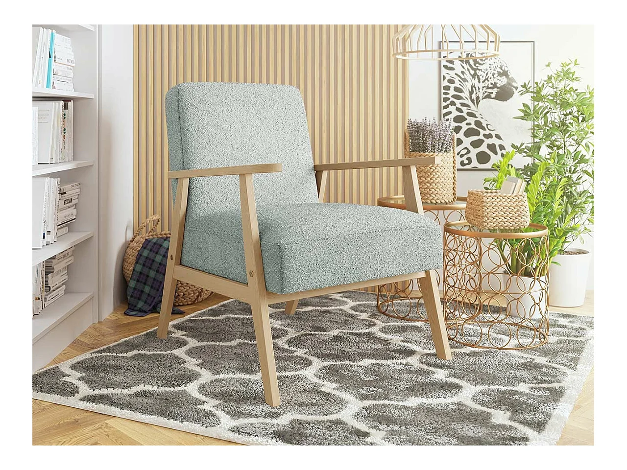 Fauteuil Clovis 100, Gris, 76x59x67cm, Tapisserie, Pieds: Bois