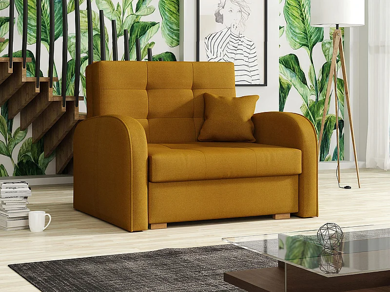 Fauteuil Columbus 114, Jaune, 85x103x98cm, Tissu, Pieds: Bois, Mobilier déjà assemblé