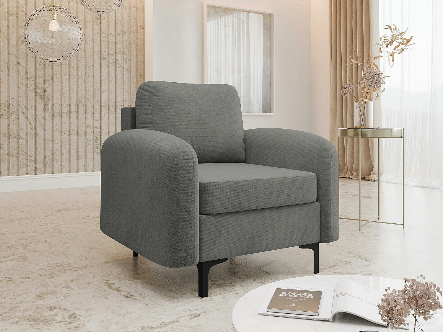 Fauteuil Torlua 100, Gris, 96x92x94cm, Tapisserie, Pieds: Métal