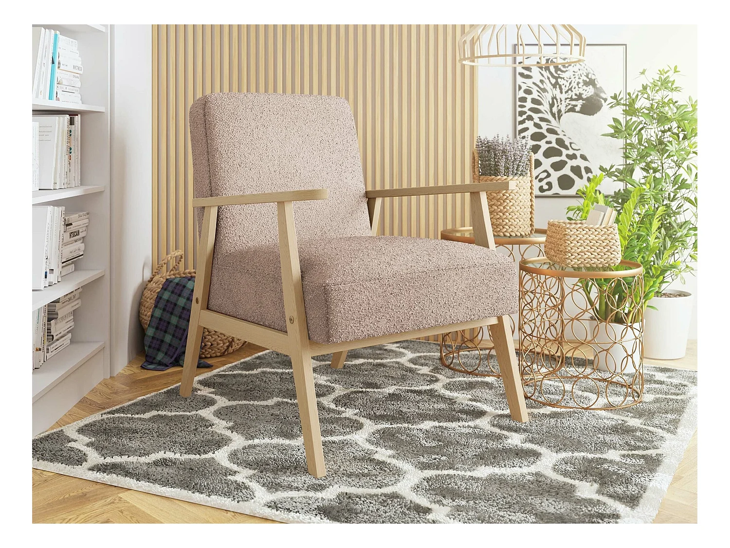 Sillón Clovis 100, De color marrón claro, 76x59x67cm, Tapiz, Patas: Madera