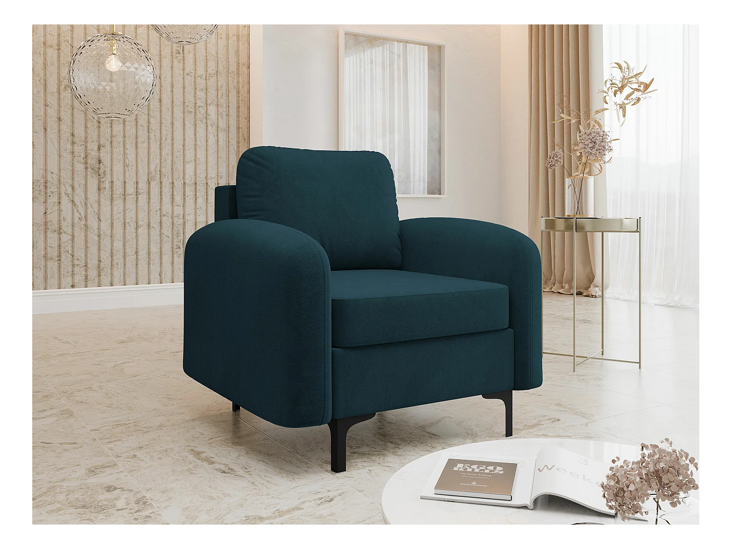 Fauteuil Torlua 100, Turquoise, 96x92x94cm, Tapisserie, Pieds: Métal