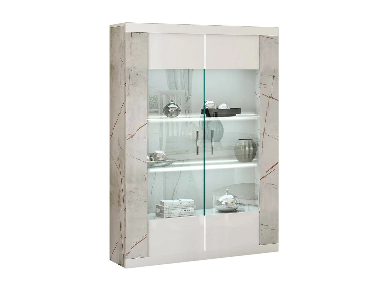 EROS - Séjour Complet Table Repas + Buffet + Vitrine 2 Portes Eclairage Led intégré