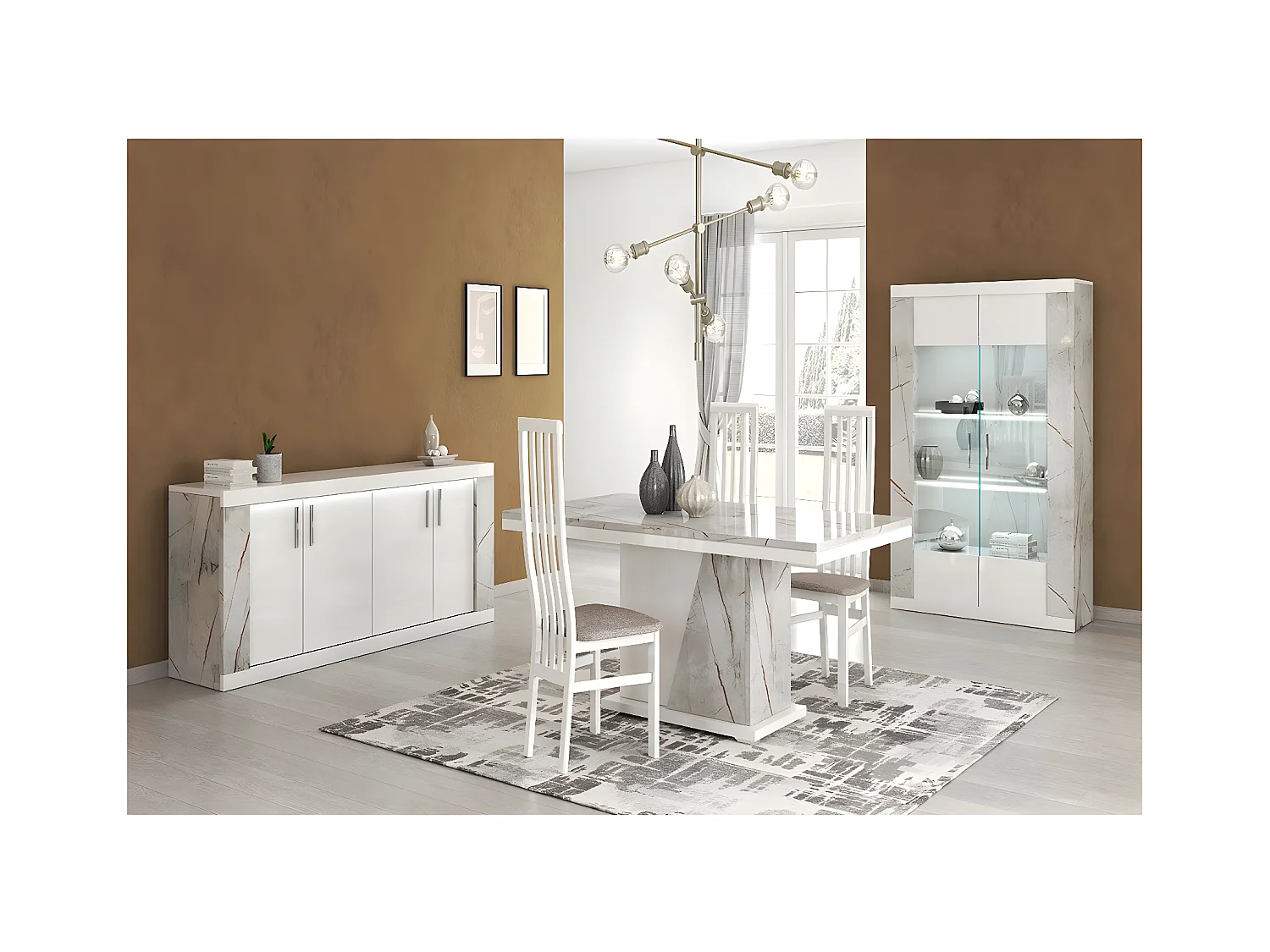 EROS - Séjour Complet Table Repas + Buffet + Vitrine 2 Portes Eclairage Led intégré