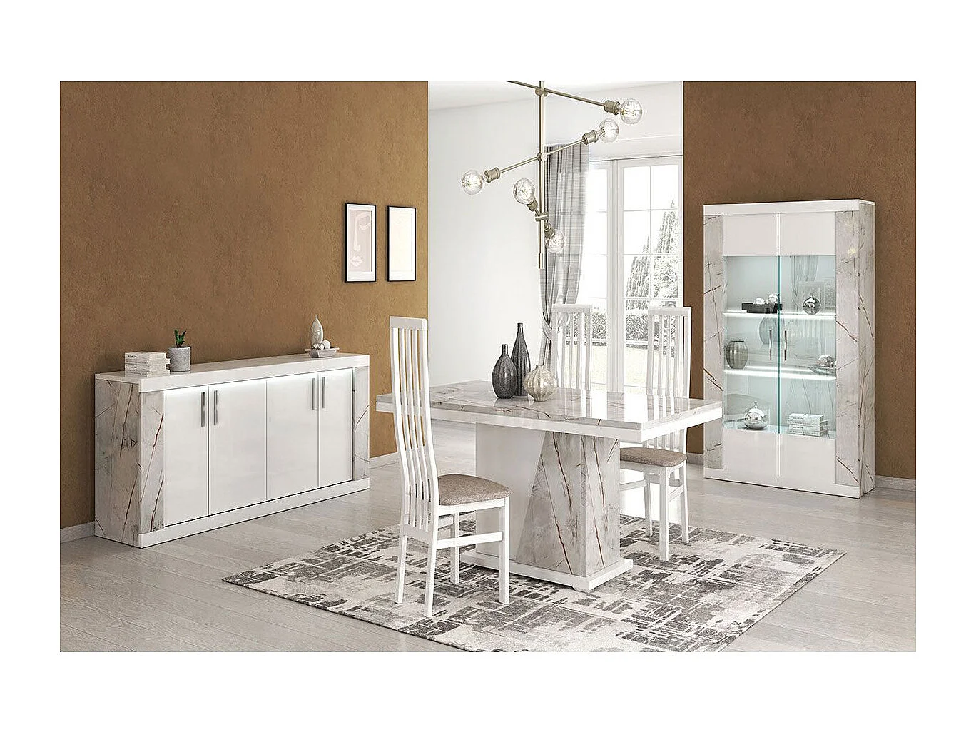 EROS - Séjour Complet Table Repas + Buffet + Vitrine 2 Portes Eclairage Led intégré