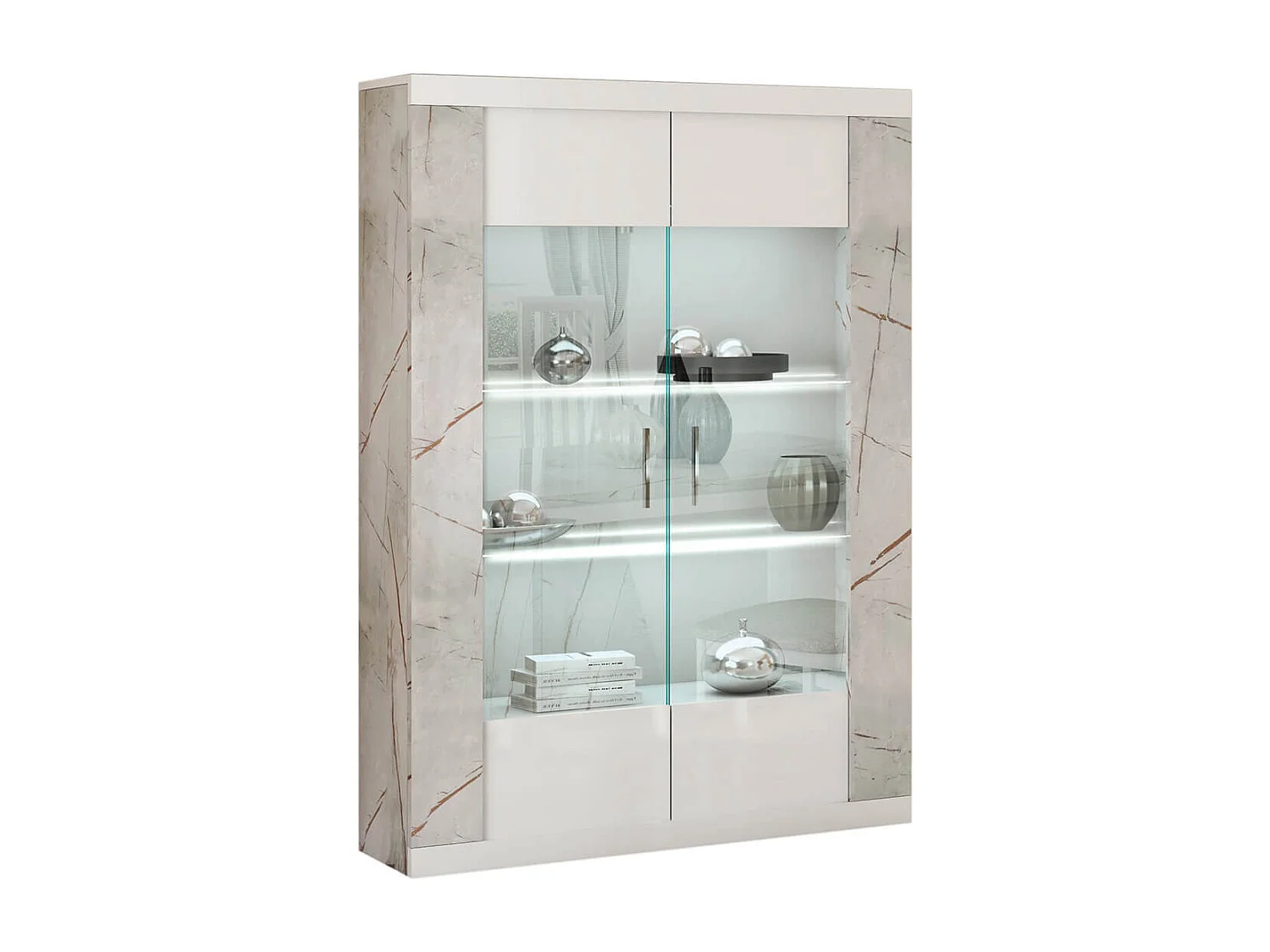 EROS - Séjour Complet Table Repas + Buffet + Vitrine 2 Portes Eclairage Led intégré