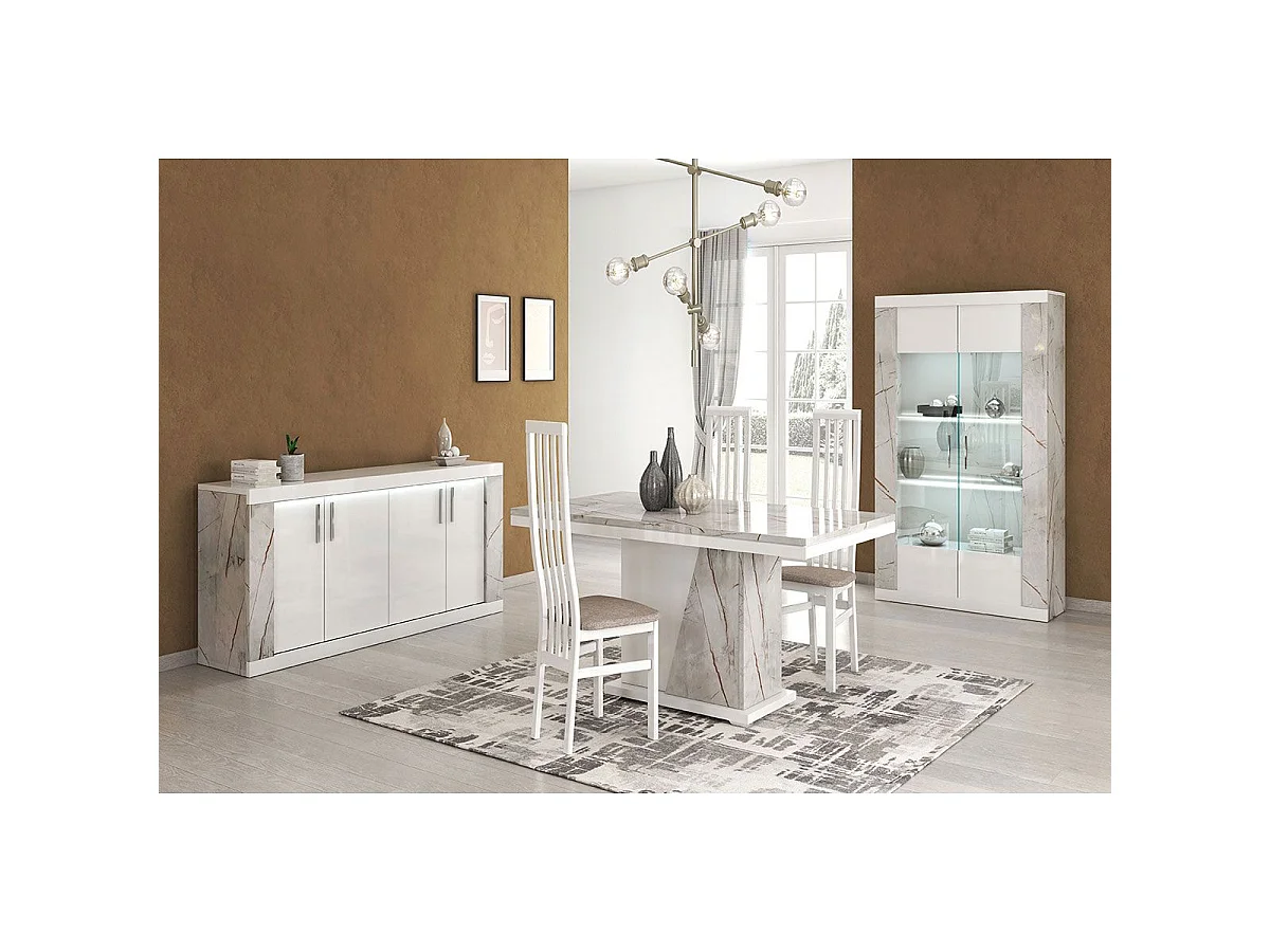 EROS - Séjour Complet Table Repas + Buffet + Vitrine 2 Portes Eclairage Led intégré