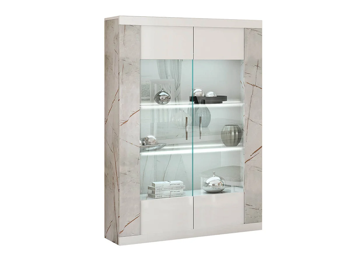 EROS - Séjour Complet Table Repas + Buffet + Vitrine 2 Portes Eclairage Led intégré
