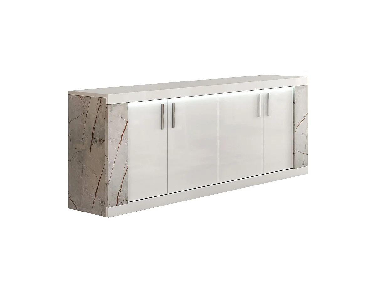 EROS - Séjour Complet Table Repas + Buffet + Vitrine 2 Portes Eclairage Led intégré