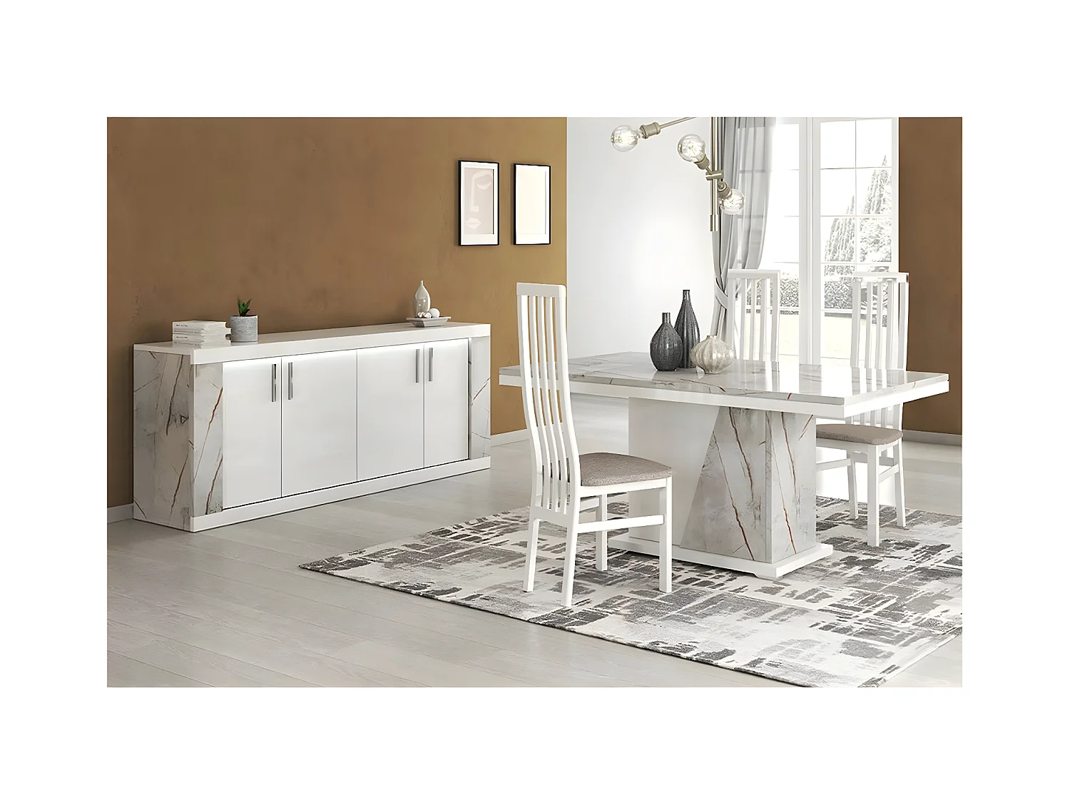 EROS - Ensemble Séjour Table Repas + Buffet 4 Portes Eclairage Led intégré