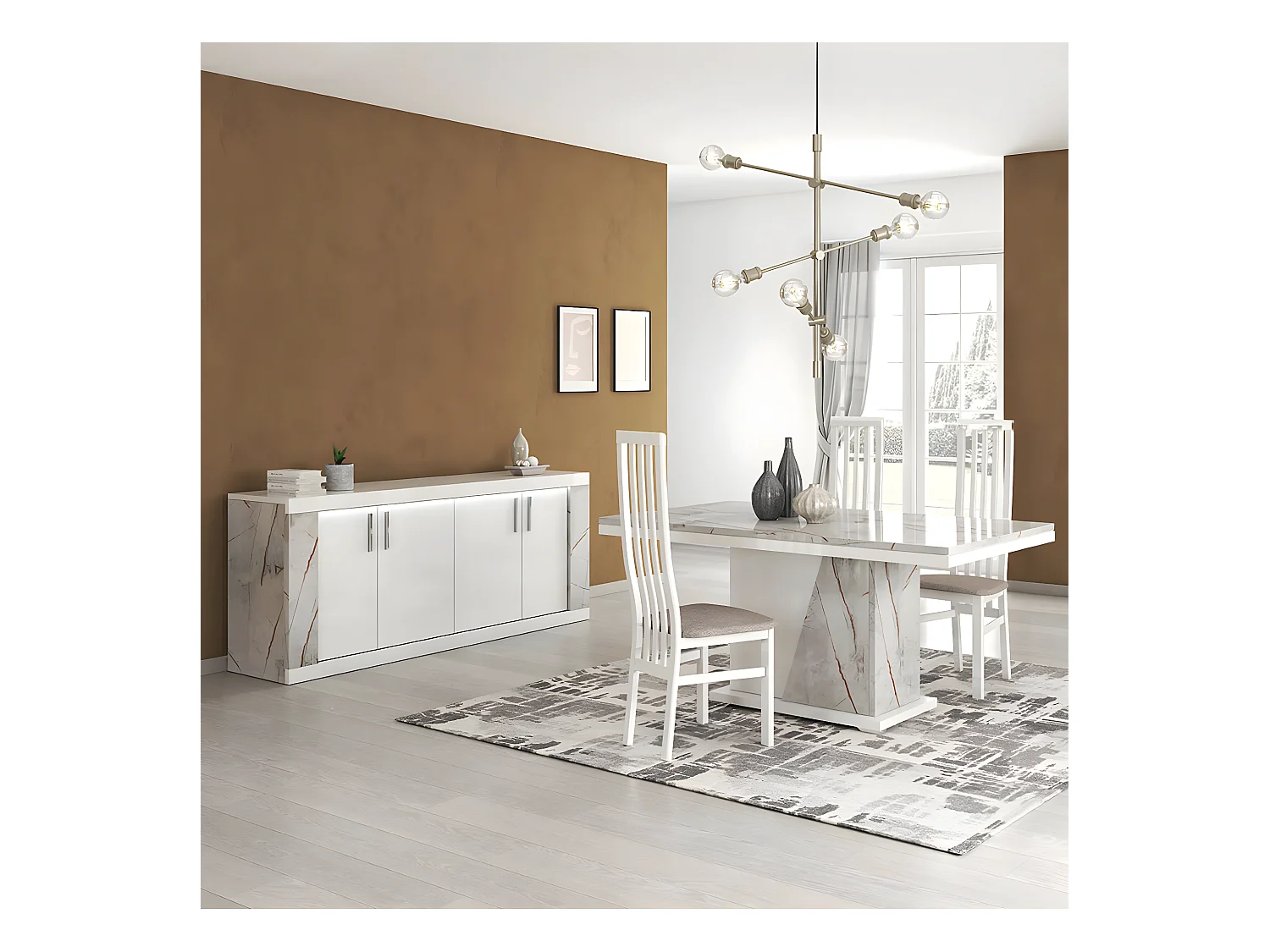 EROS - Ensemble Séjour Table Repas + Buffet 4 Portes Eclairage Led intégré