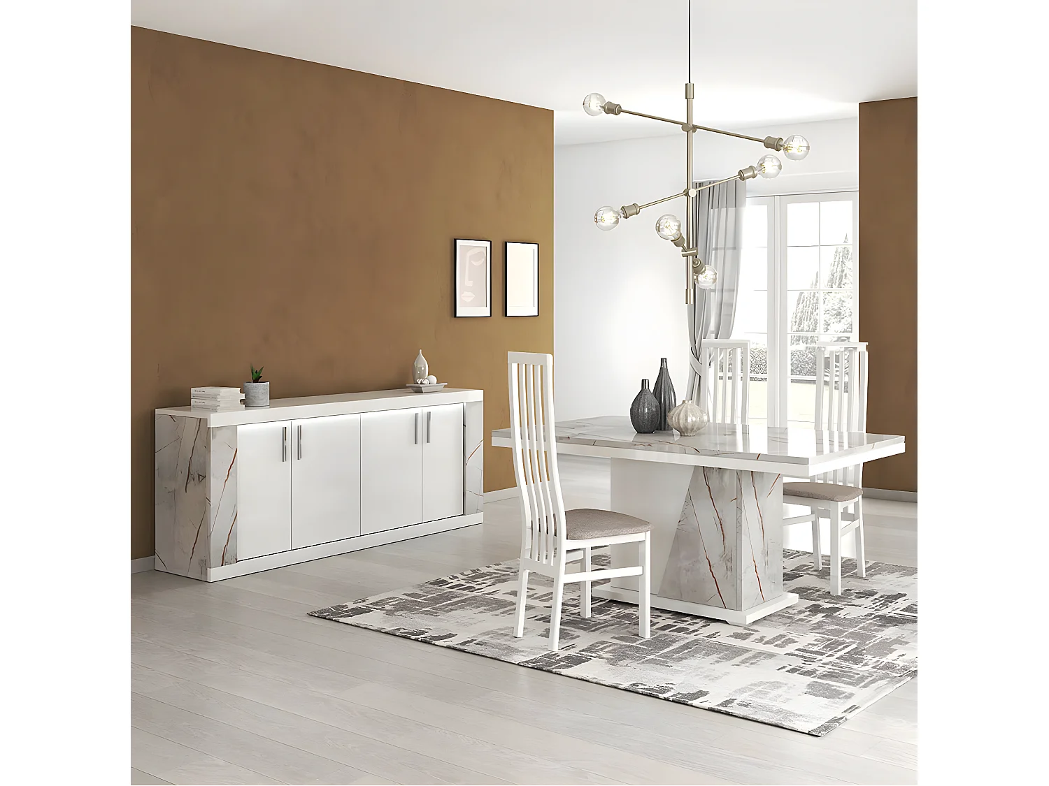 EROS - Ensemble Séjour Table Repas + Buffet 4 Portes Eclairage Led intégré