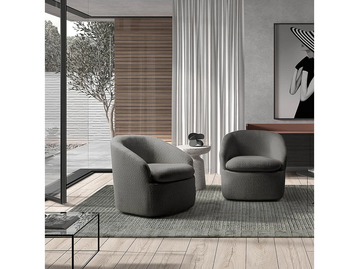 MAGDALENA - Fauteuil Pivotant Tissu Bouclette Gris Foncé