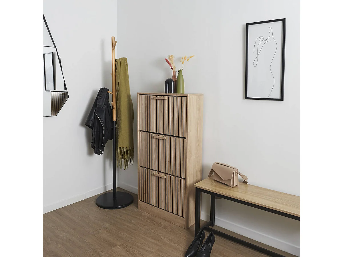 PAJAN - Meuble à Chaussures 3 Portes Basculantes Effet Bois avec Tasseaux