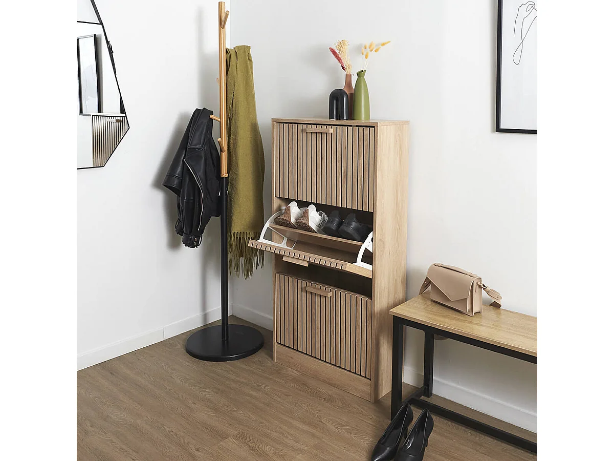 PAJAN - Meuble à Chaussures 3 Portes Basculantes Effet Bois avec Tasseaux