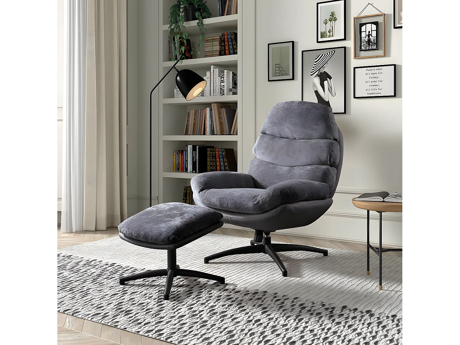 VIGO - Fauteuil Pivotant  avec Repose Pieds Bi-Matière Gris Foncé