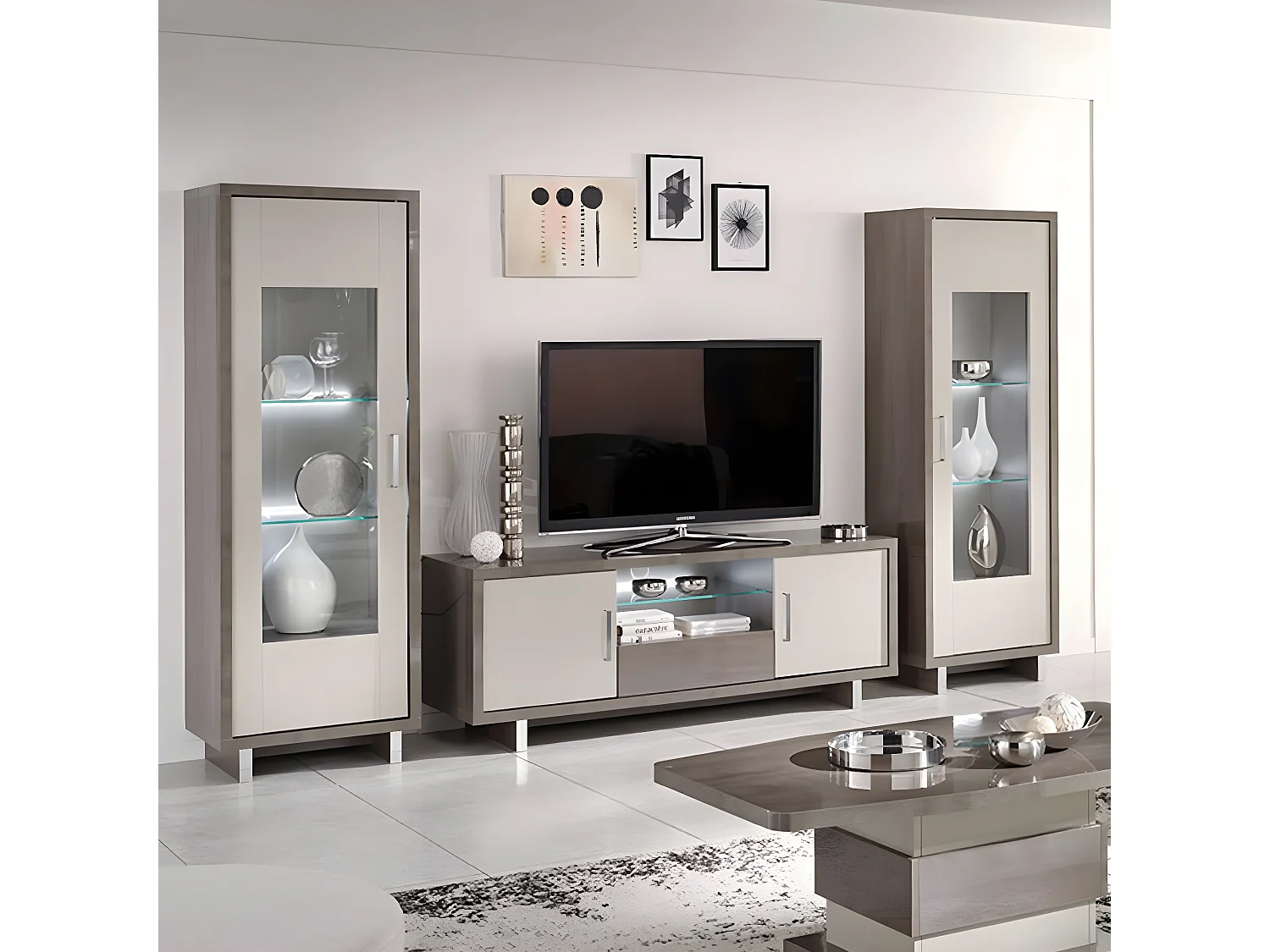 AUXANE - Vitrine 1 Porte Réversible Gris Metallisé et Gris Mat avec Leds