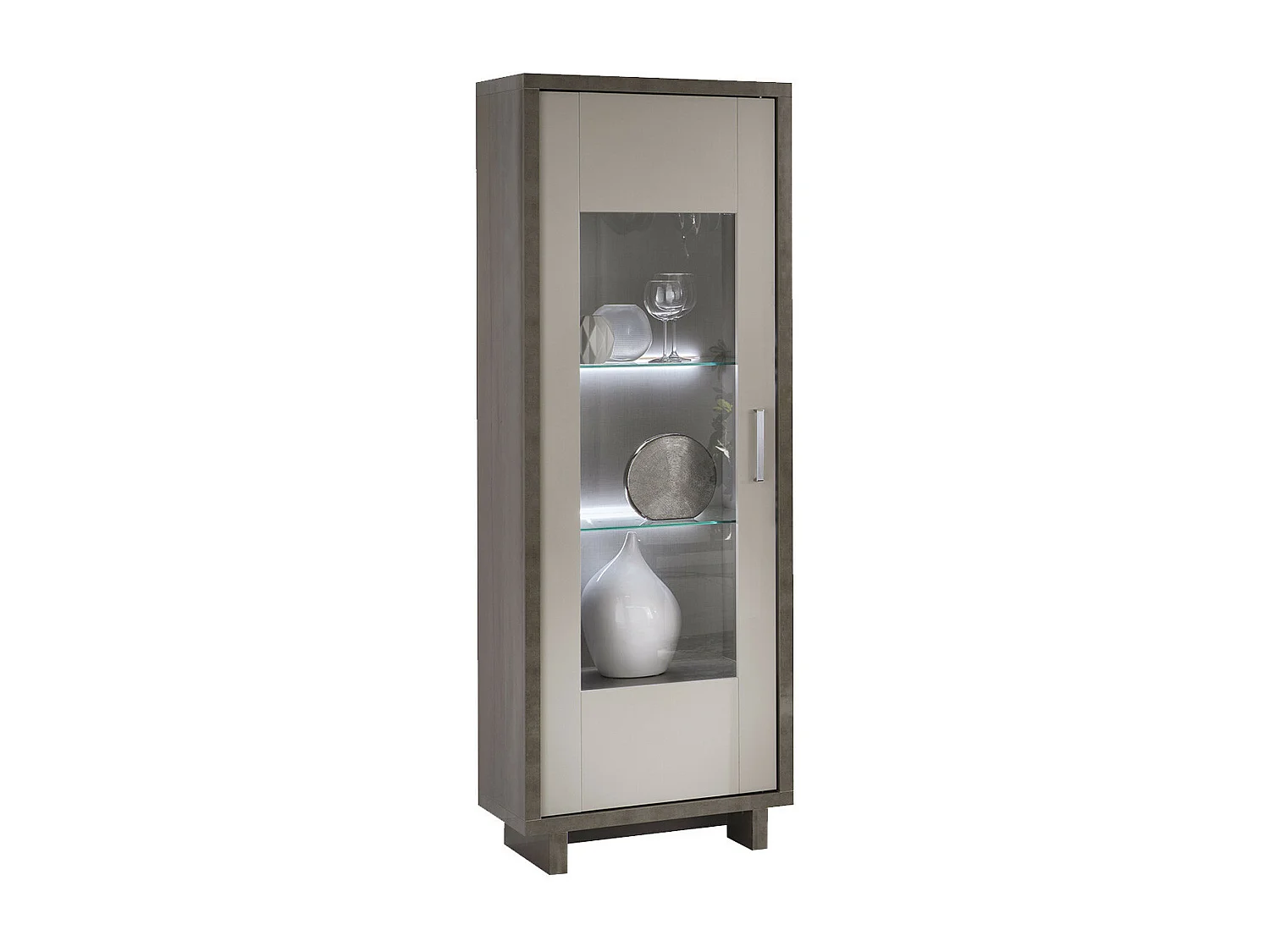 AUXANE - Vitrine 1 Porte Réversible Gris Metallisé et Gris Mat avec Leds