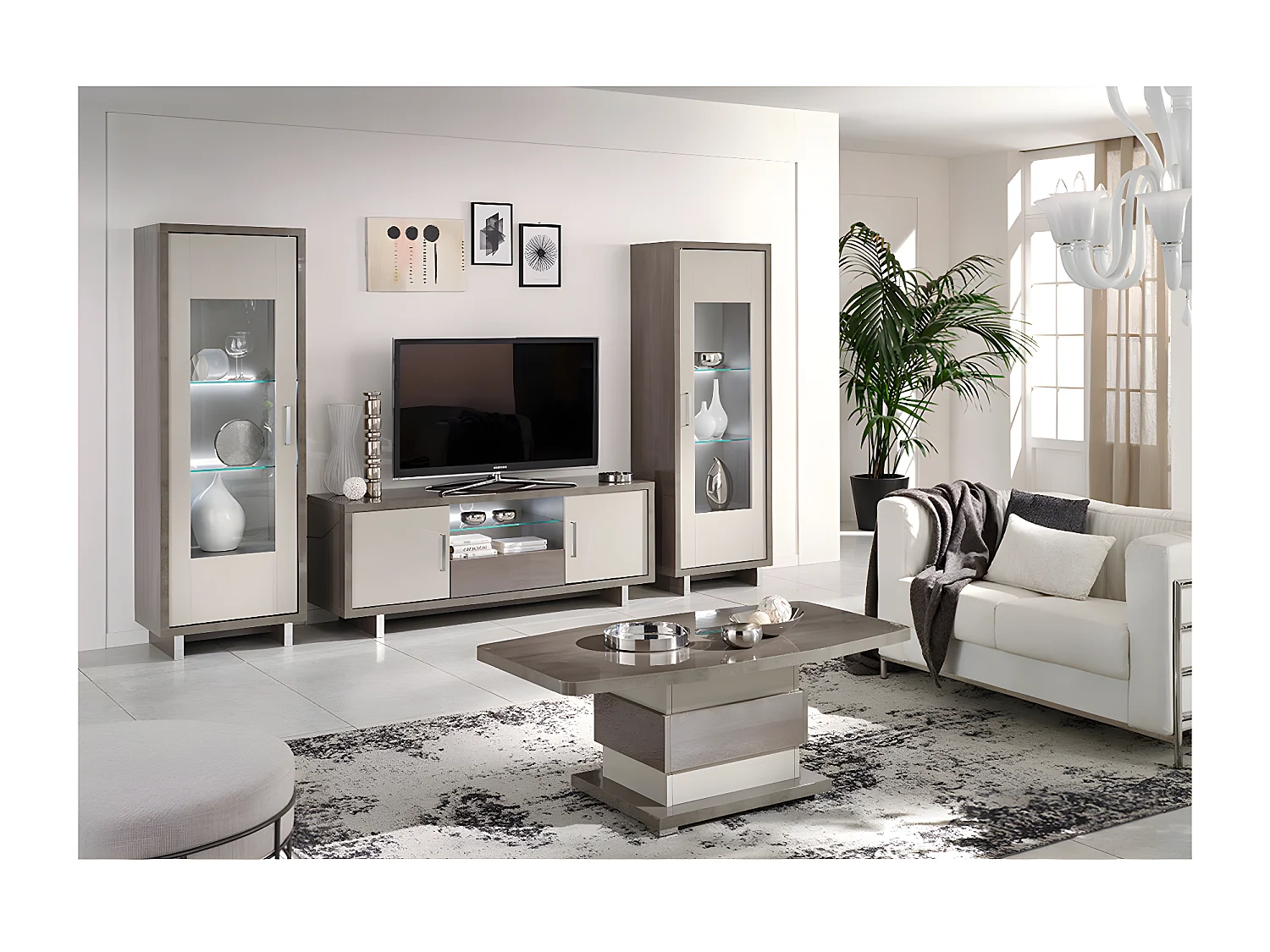 AUXANE - Vitrine 1 Porte Réversible Gris Metallisé et Gris Mat avec Leds