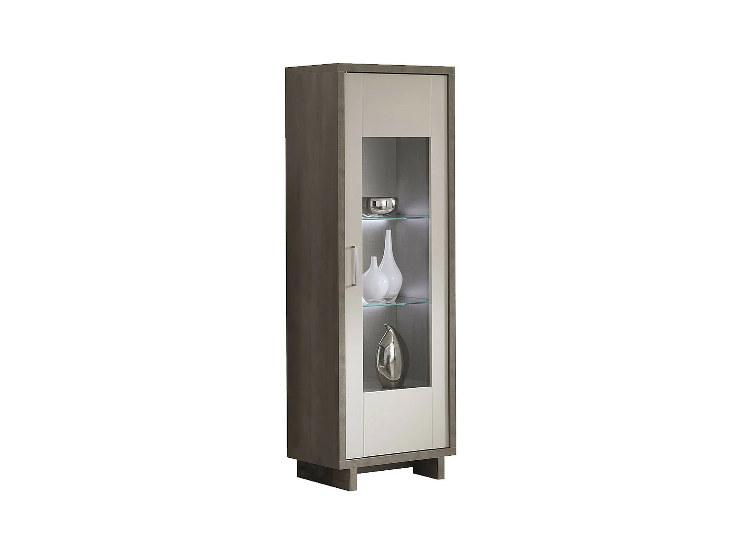 AUXANE - Vitrine 1 Porte Réversible Gris Metallisé et Gris Mat avec Leds