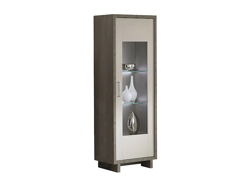 AUXANE - Vitrine 1 Porte Réversible Gris Metallisé et Gris Mat avec Leds