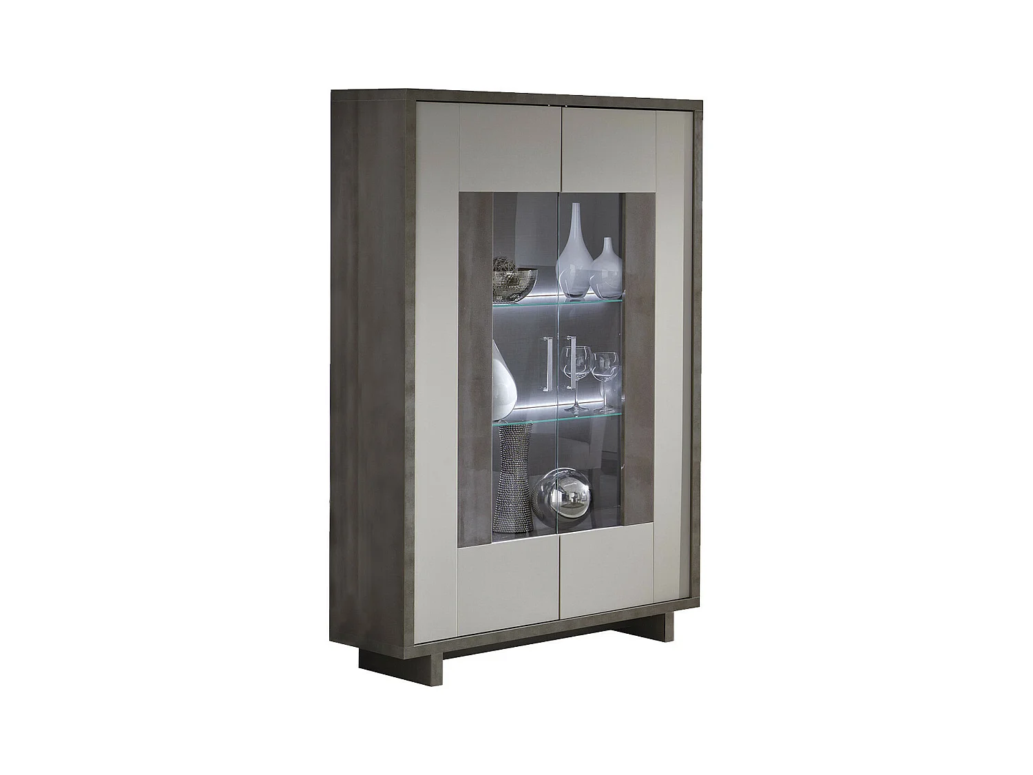 AUXANE - Vitrine 2 Portes Gris Acier Metallisé et Gris Mat avec Leds