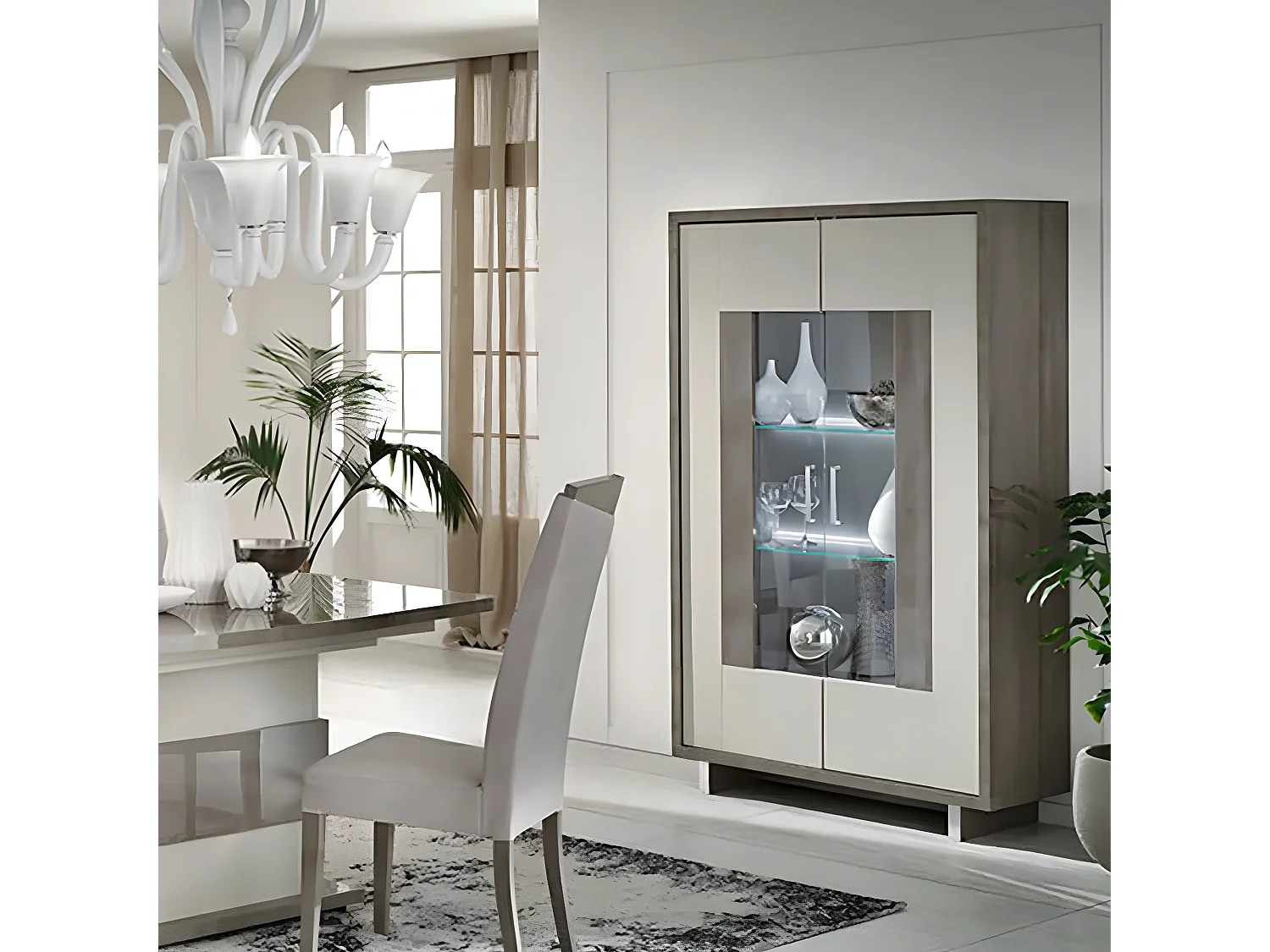 AUXANE - Vitrine 2 Portes Gris Acier Metallisé et Gris Mat avec Leds