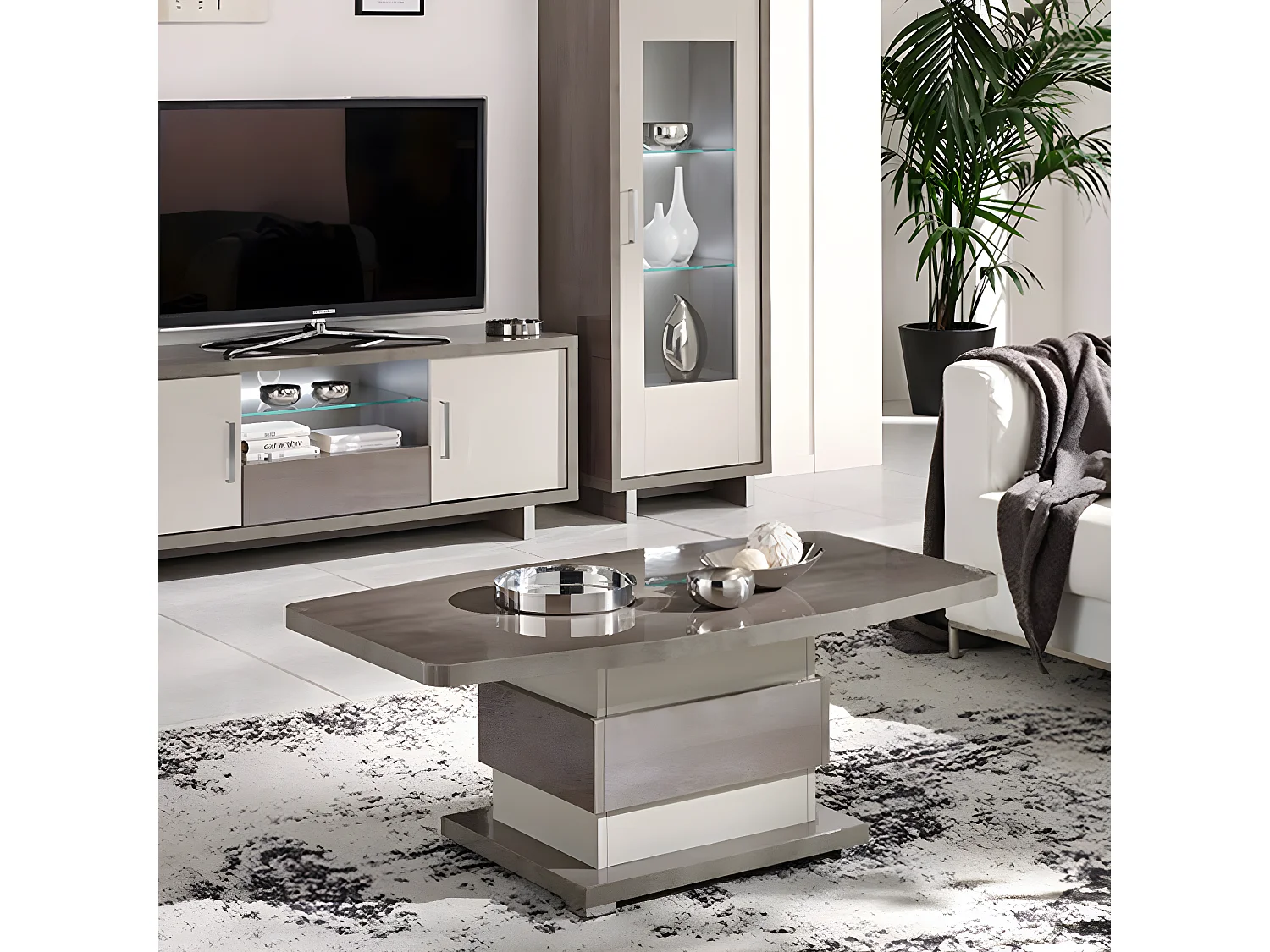 AUXANE - Table Basse Gris Acier Metallisé et Gris Perle Mat