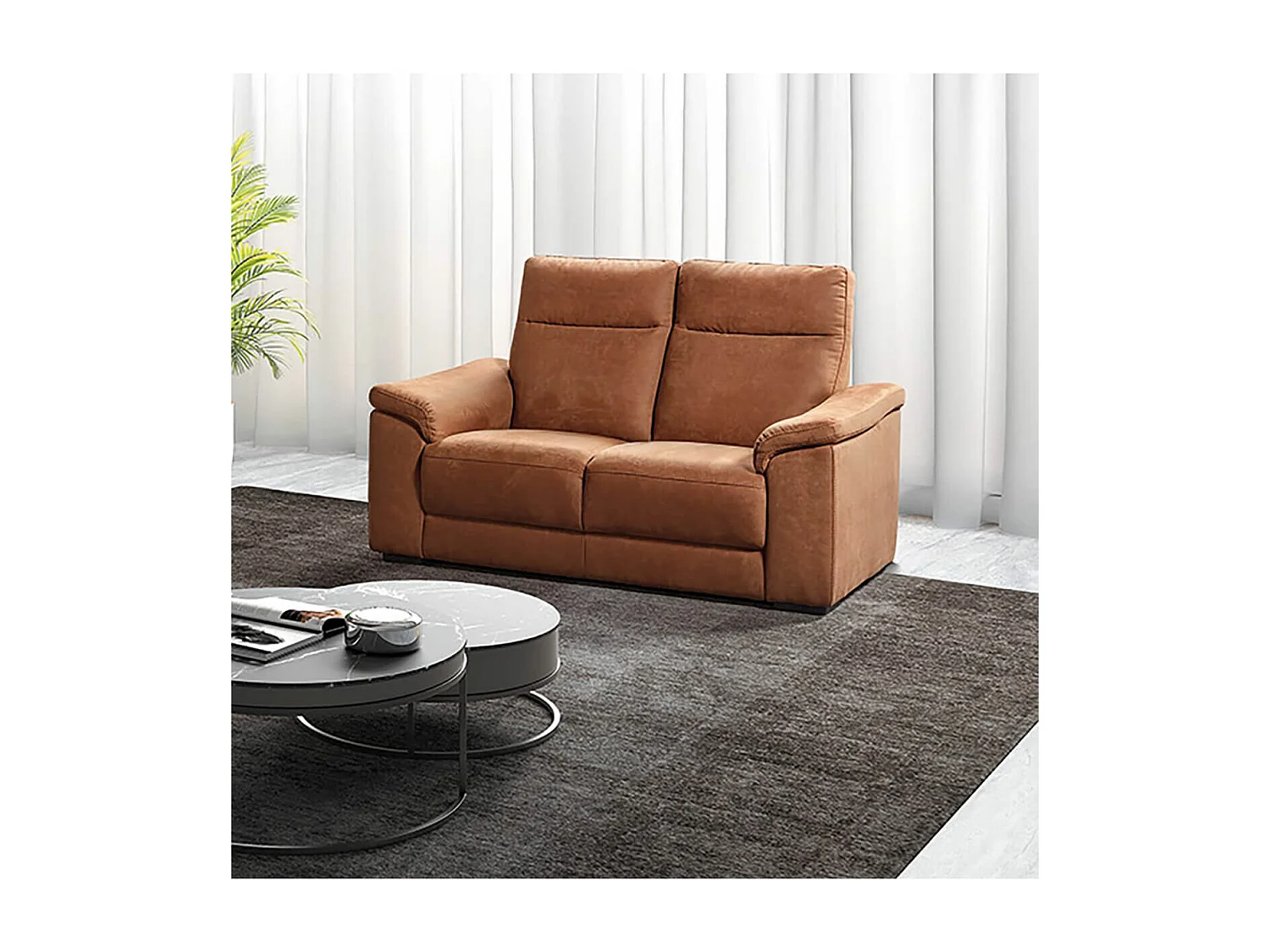 STANLEY - Canapé Fixe 2 Places Tissu Peau de Pêche Cognac