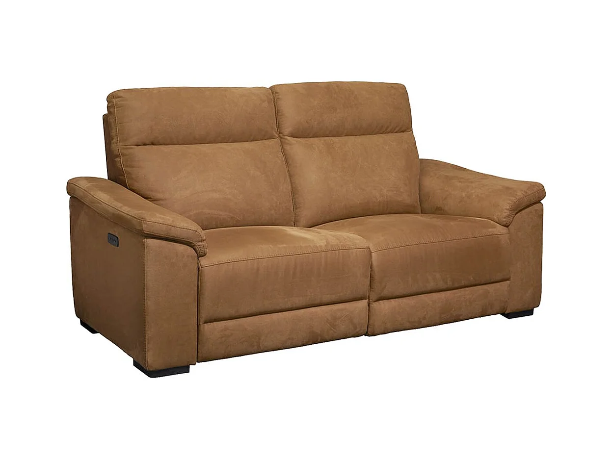 STANLEY - Canapé Relax Electrique 3 Places Tissu Peau de Pêche Cognac